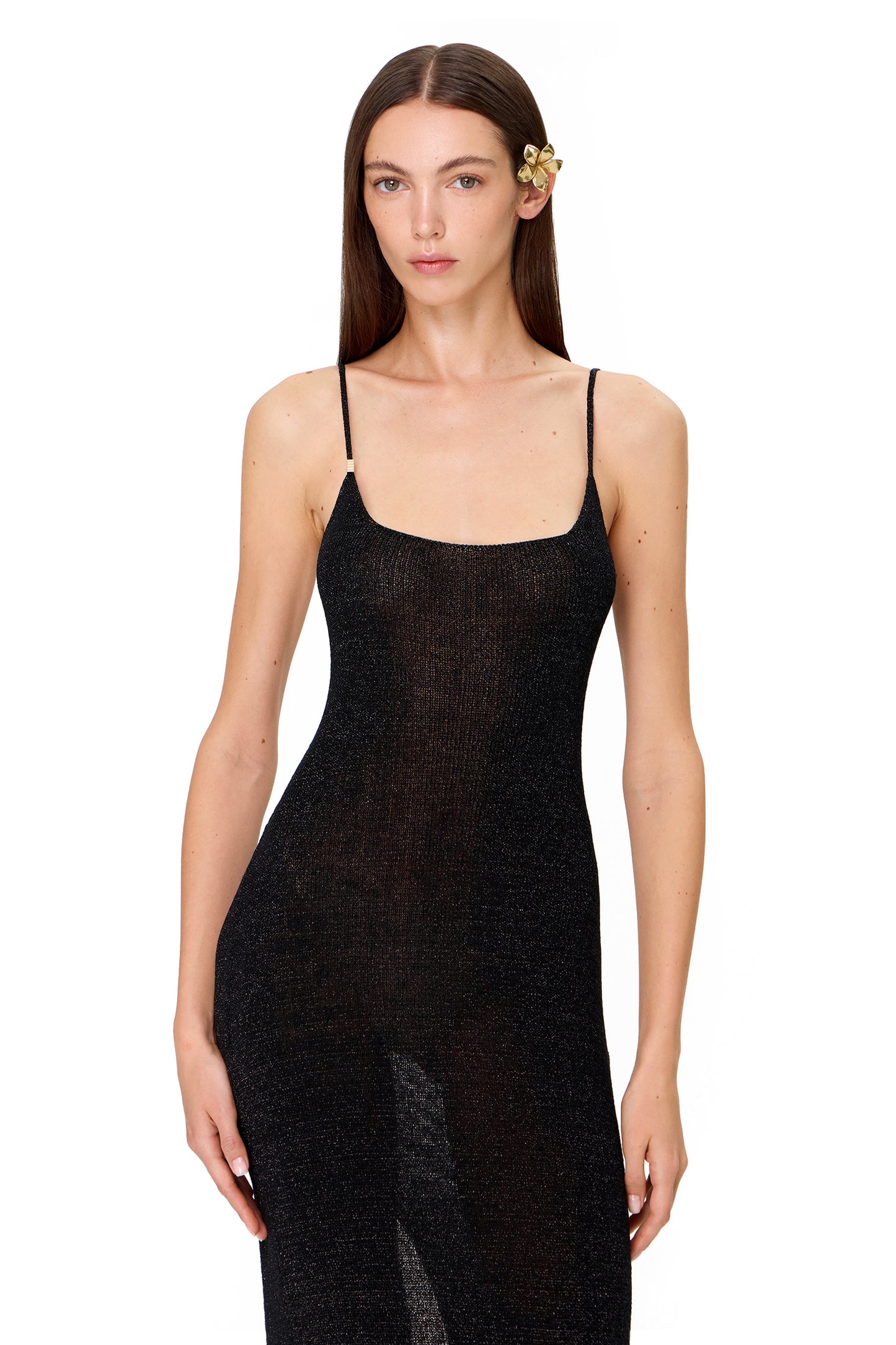 KNITTED MAXI DRESS THIN STRAPS WITH BACK SLIT LUREX BLACK