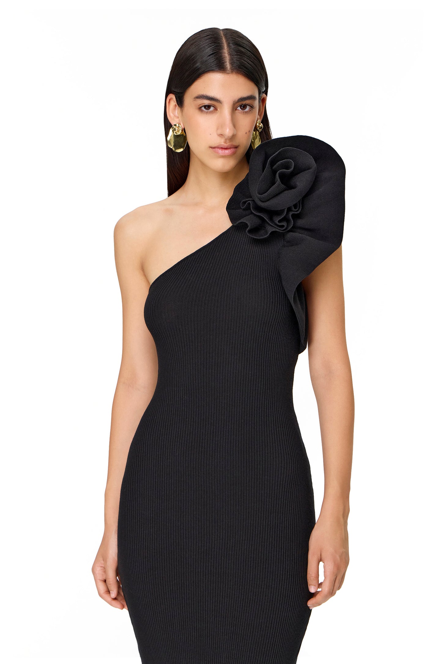 KNITTED ASYMMETRICAL COUTURE DRESS FLOWER DECOR ON THE SHOULDER BLACK