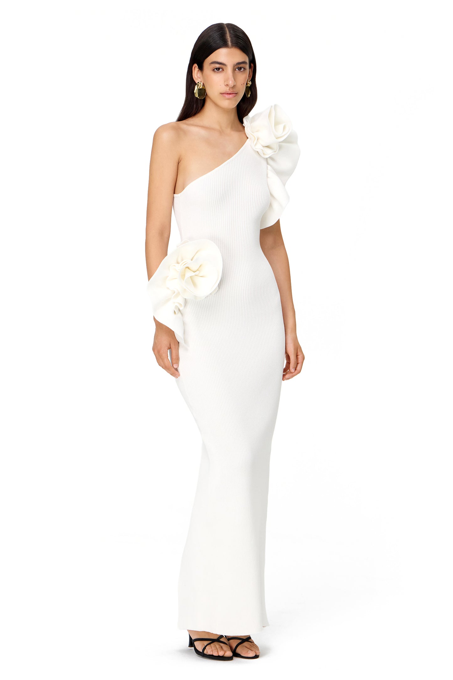 KNITTED MAXI DRESS COUTURE WITH FLOWER DECOR WHITE