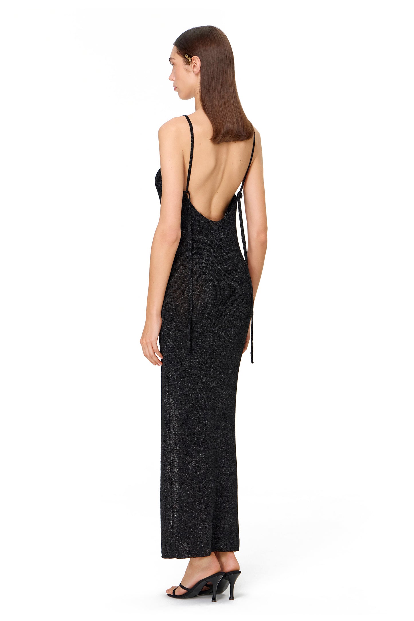 KNITTED MIDI DRESS WITH STRAPS WITH METAL LOGO AND OPEN BACK LUREX BLACK
