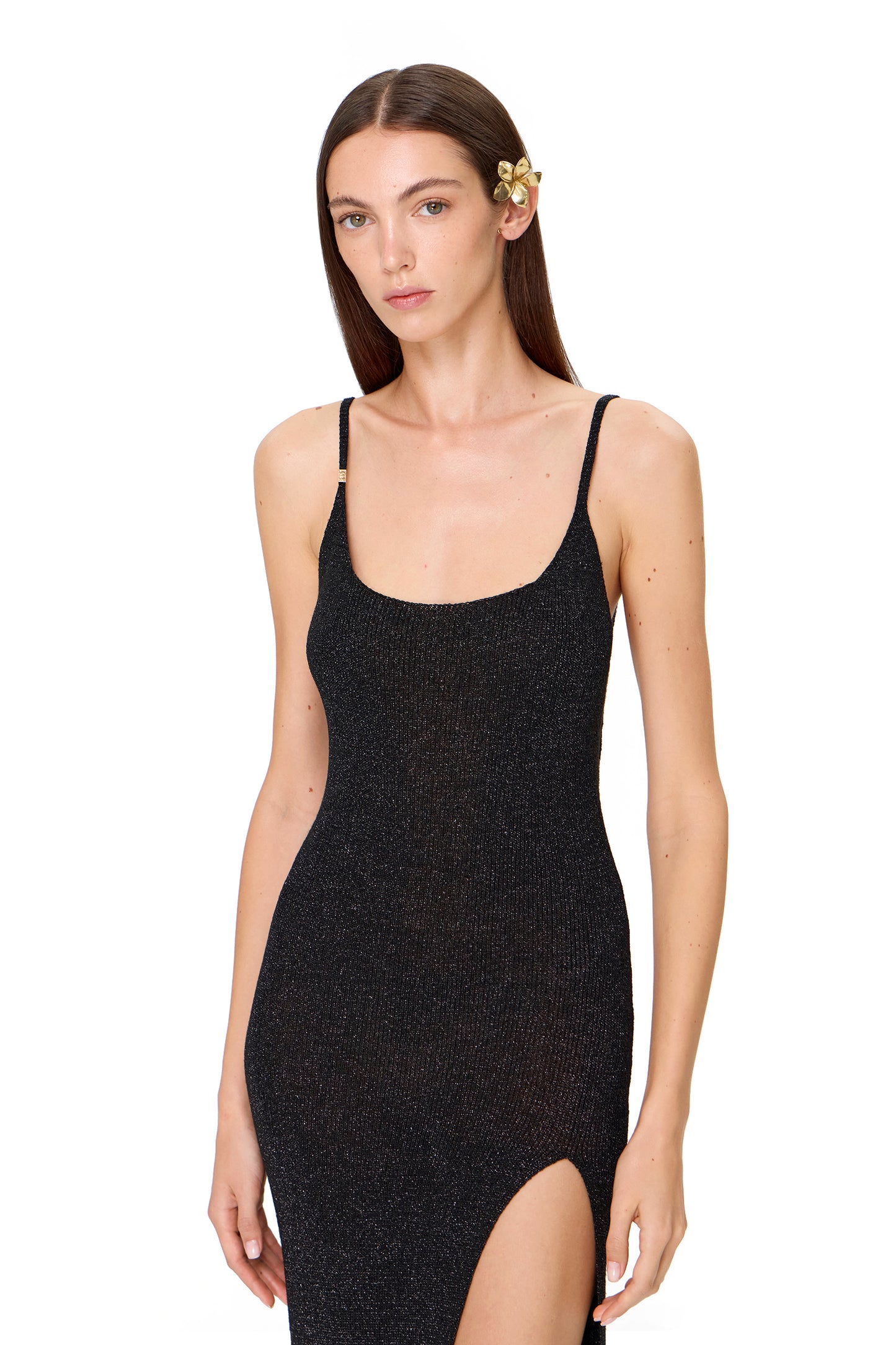 KNITTED MIDI DRESS WITH STRAPS WITH METAL LOGO AND OPEN BACK LUREX BLACK
