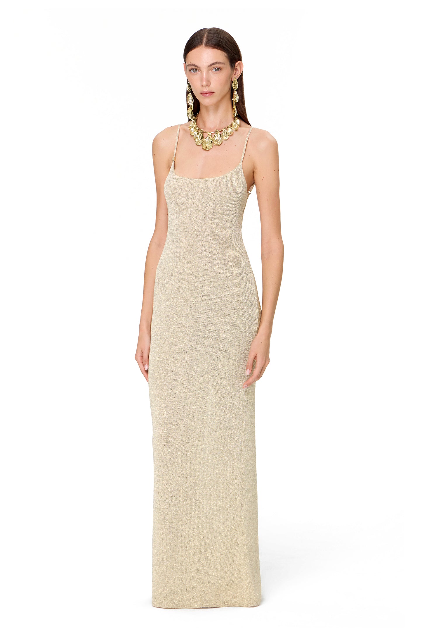 KNITTED MAXI THIN STRAPS DRESS WITH BACK SLIT LUREX GOLD