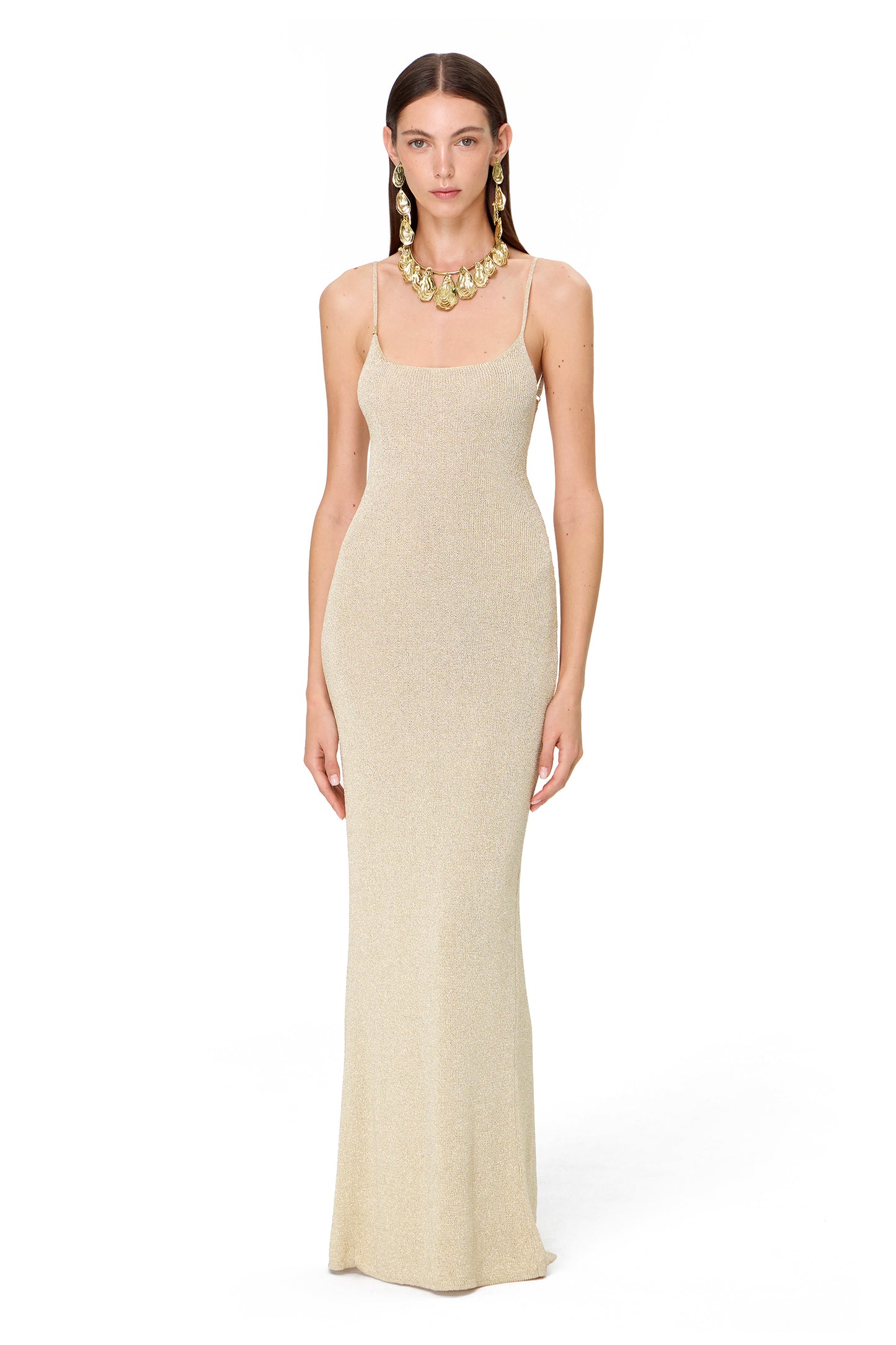KNITTED MAXI THIN STRAPS DRESS WITH BACK SLIT LUREX GOLD