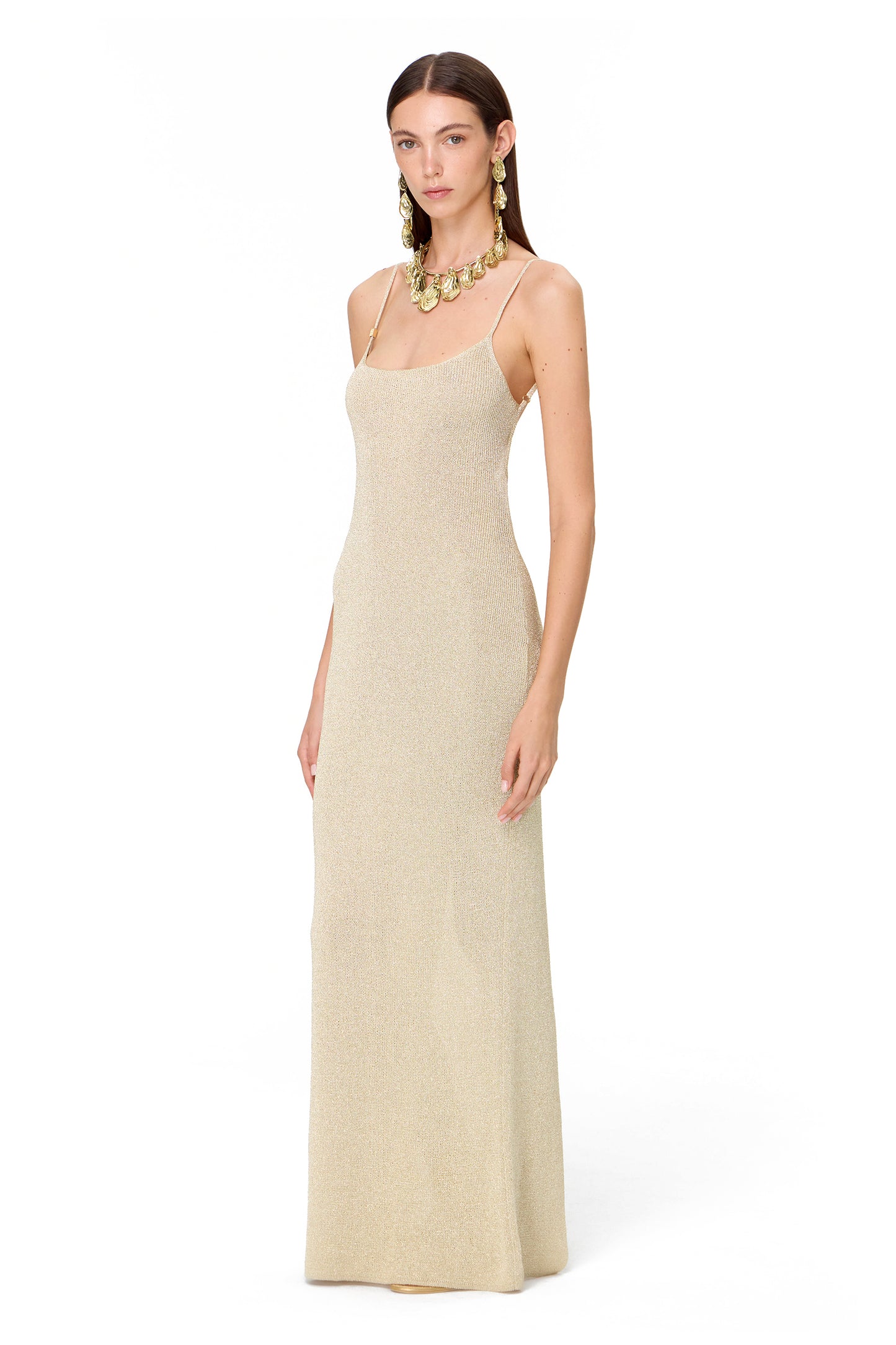 KNITTED MAXI THIN STRAPS DRESS WITH BACK SLIT LUREX GOLD