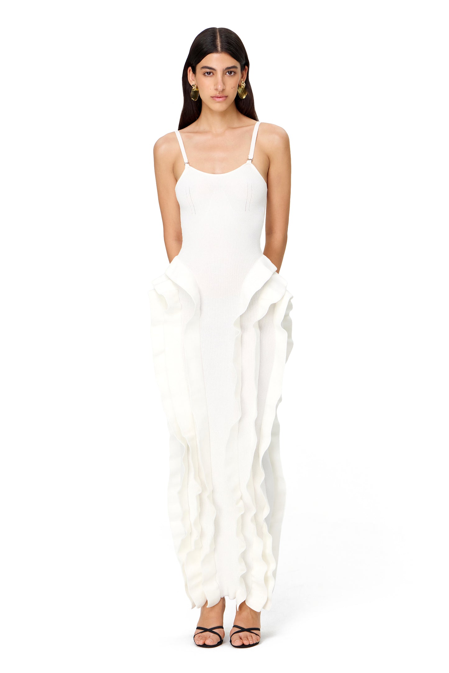 KNITTED MAXI DRESS COUTURE WITH RUFFLES ON THE HIPS WHITE