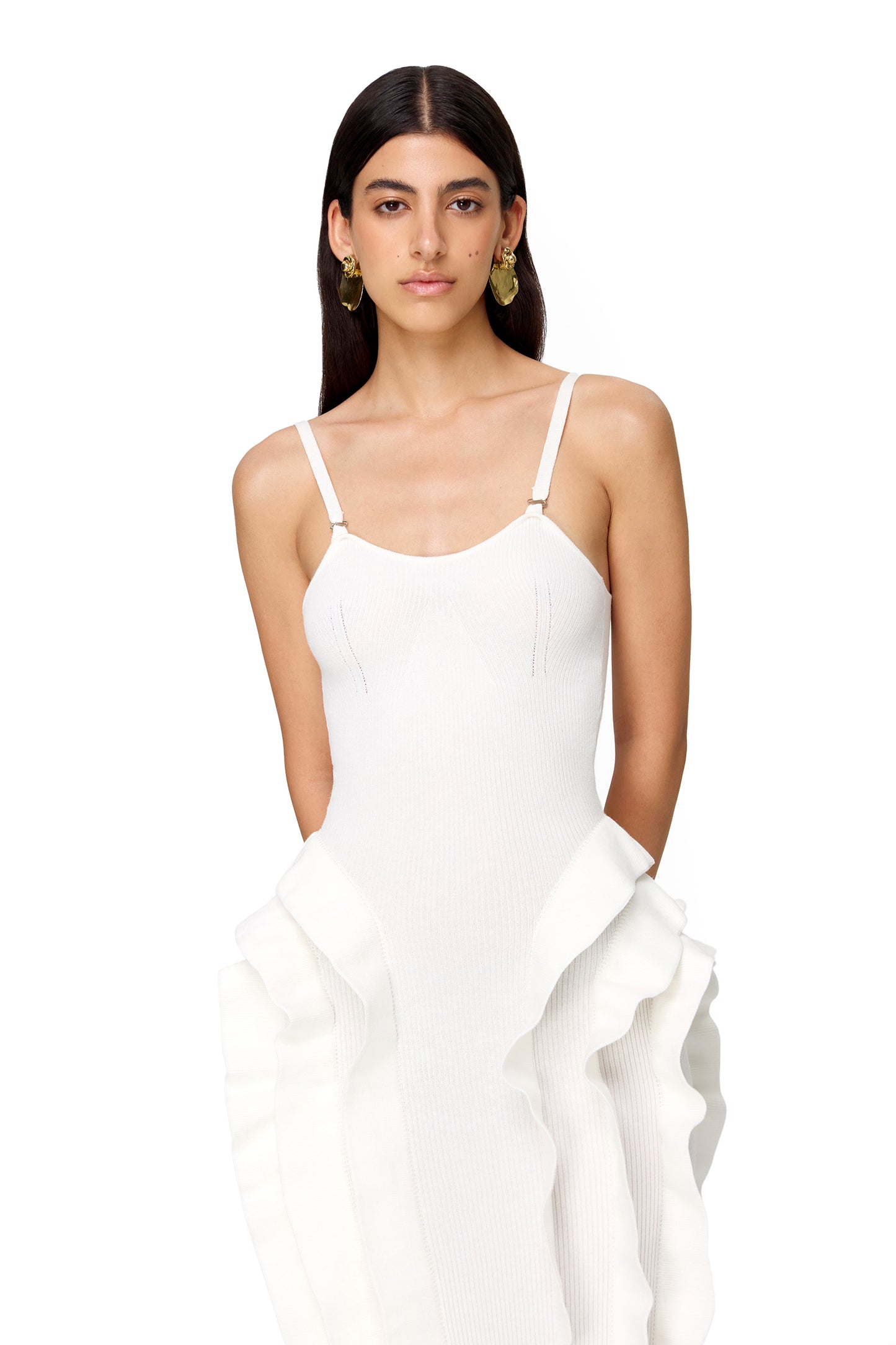 KNITTED MAXI DRESS COUTURE WITH RUFFLES ON THE HIPS WHITE