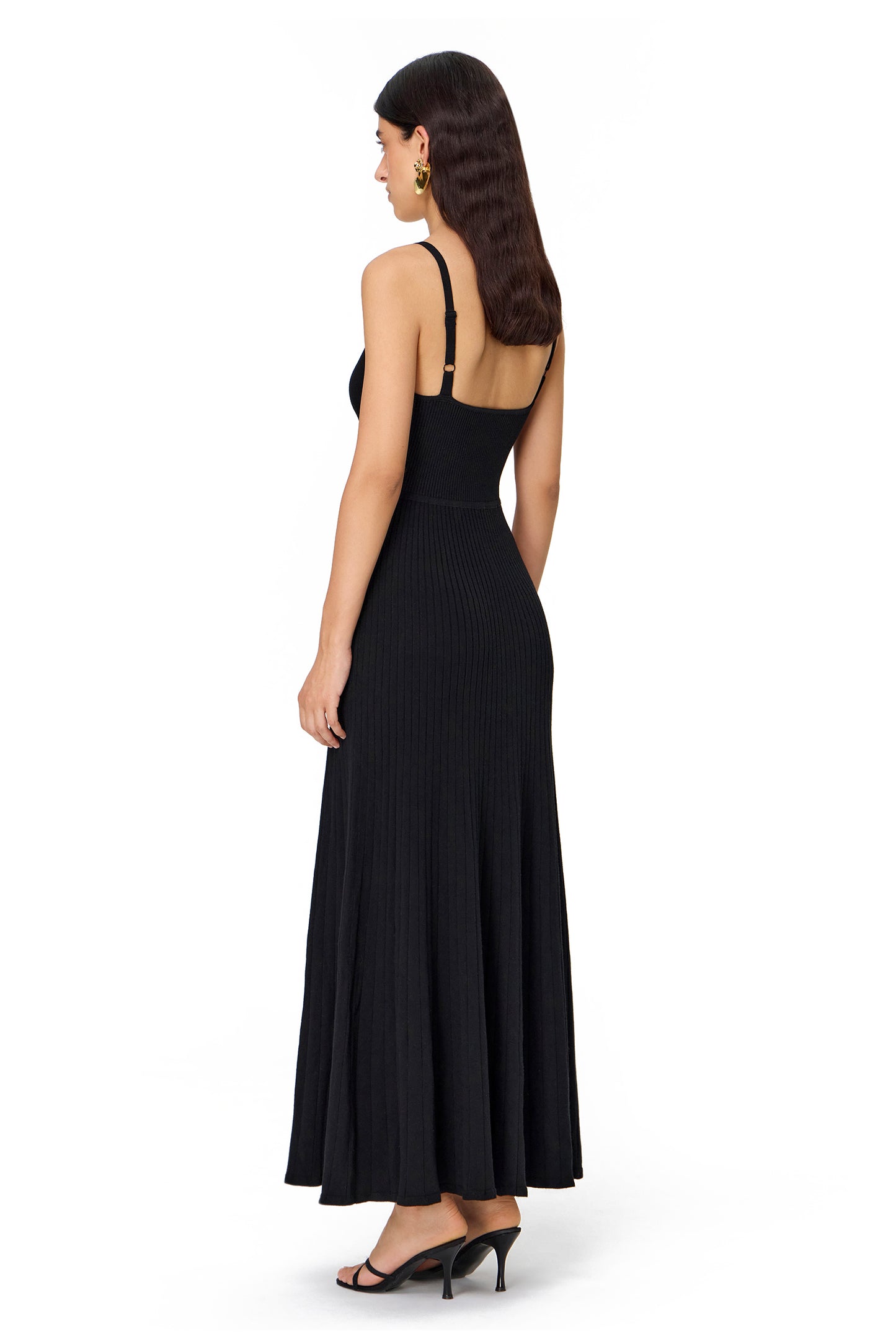 KNITTED COUTURE DRESS WITH STRAPS AND PLEATED BOTTOM BLACK