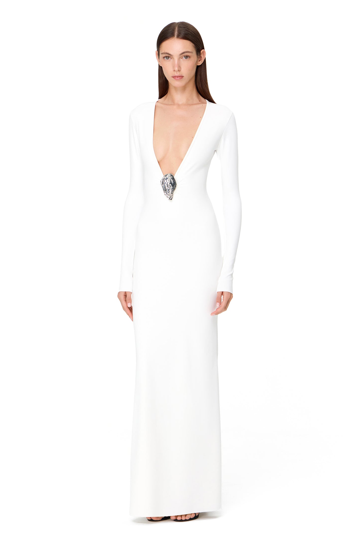 LYCRA LONG SLEEVE MAXI DRESS DEEP NECKLINE WITH METAL SHELL DECOR WHITE