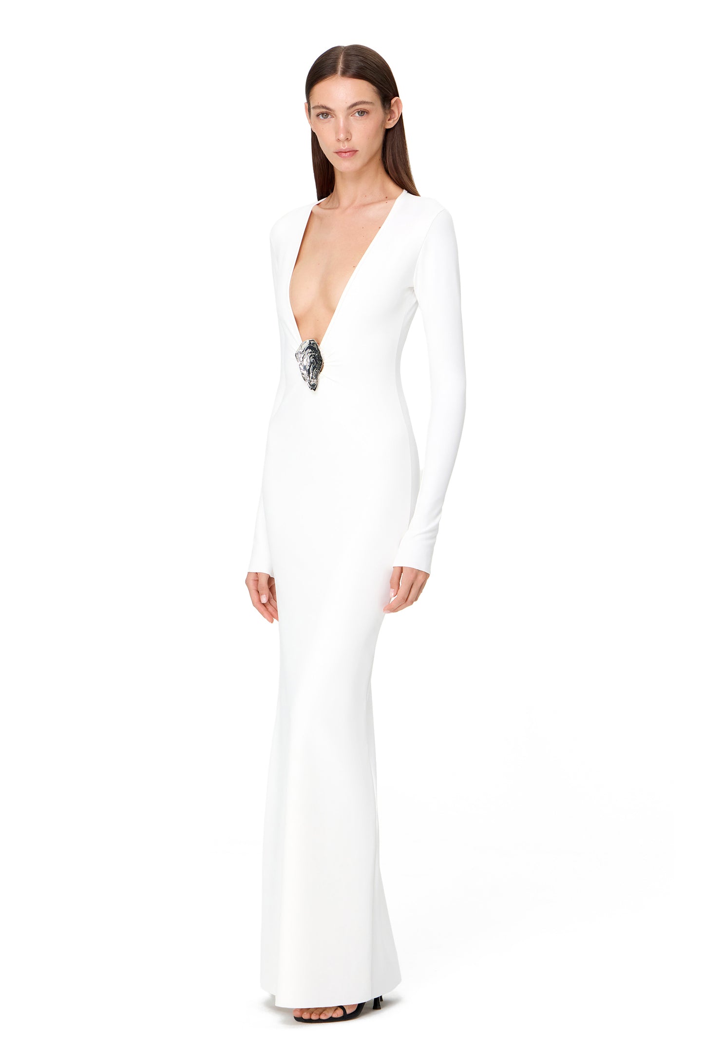 LYCRA LONG SLEEVE MAXI DRESS DEEP NECKLINE WITH METAL SHELL DECOR WHITE