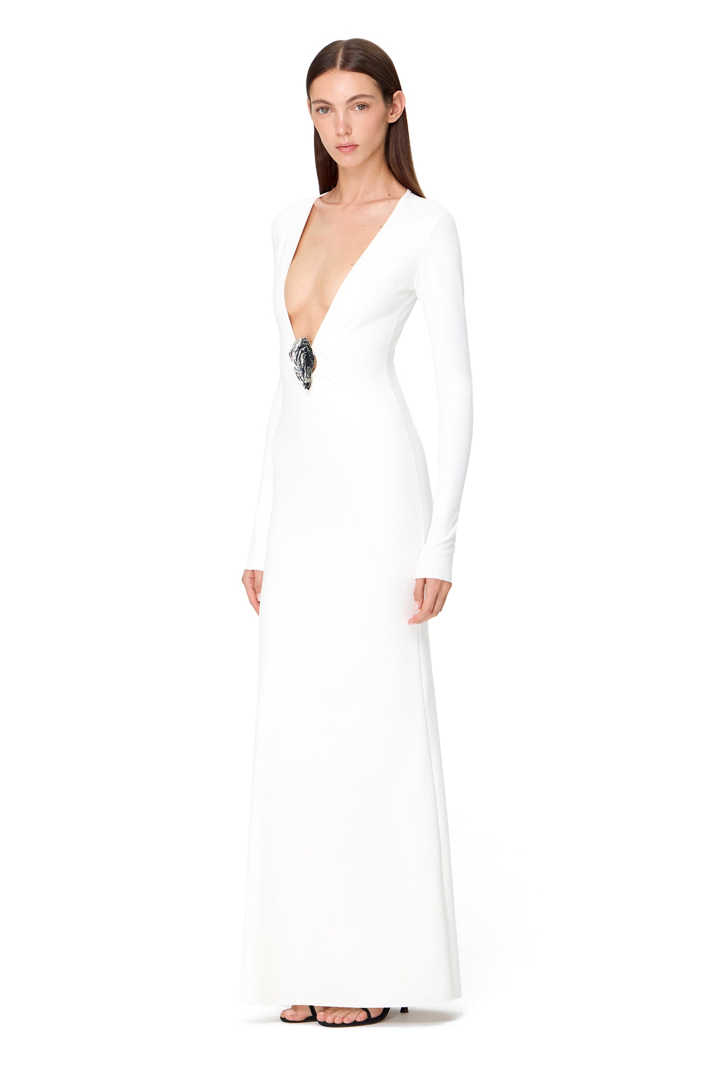 LYCRA LONG SLEEVE MAXI DRESS DEEP NECKLINE WITH METAL SHELL DECOR WHITE