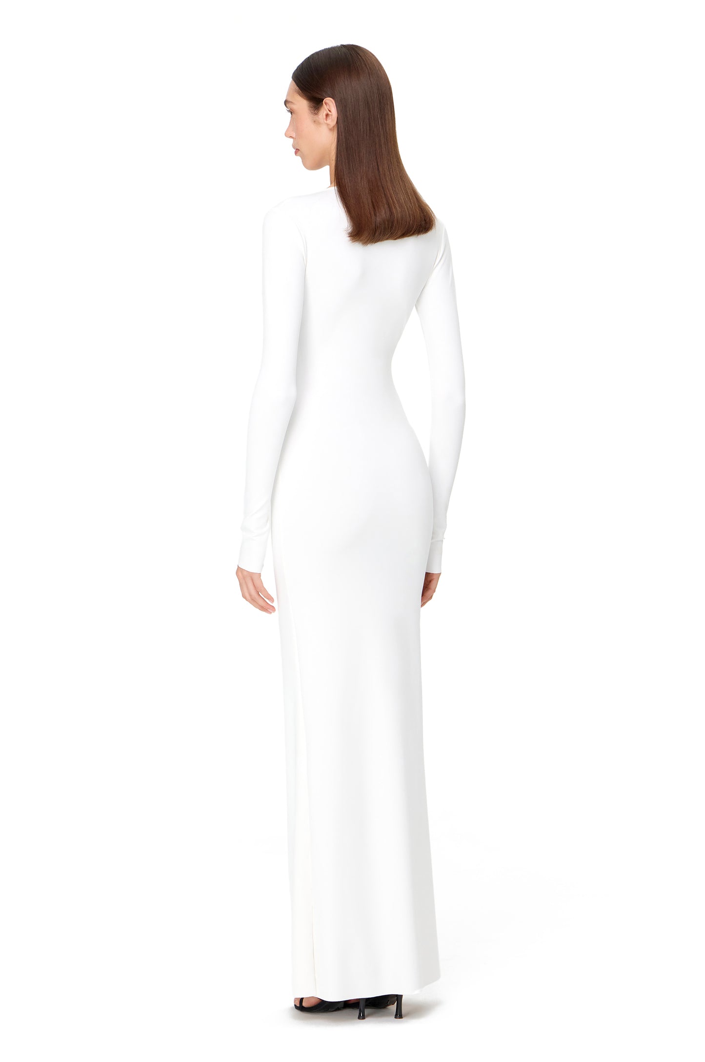 LYCRA LONG SLEEVE MAXI DRESS DEEP NECKLINE WITH METAL SHELL DECOR WHITE