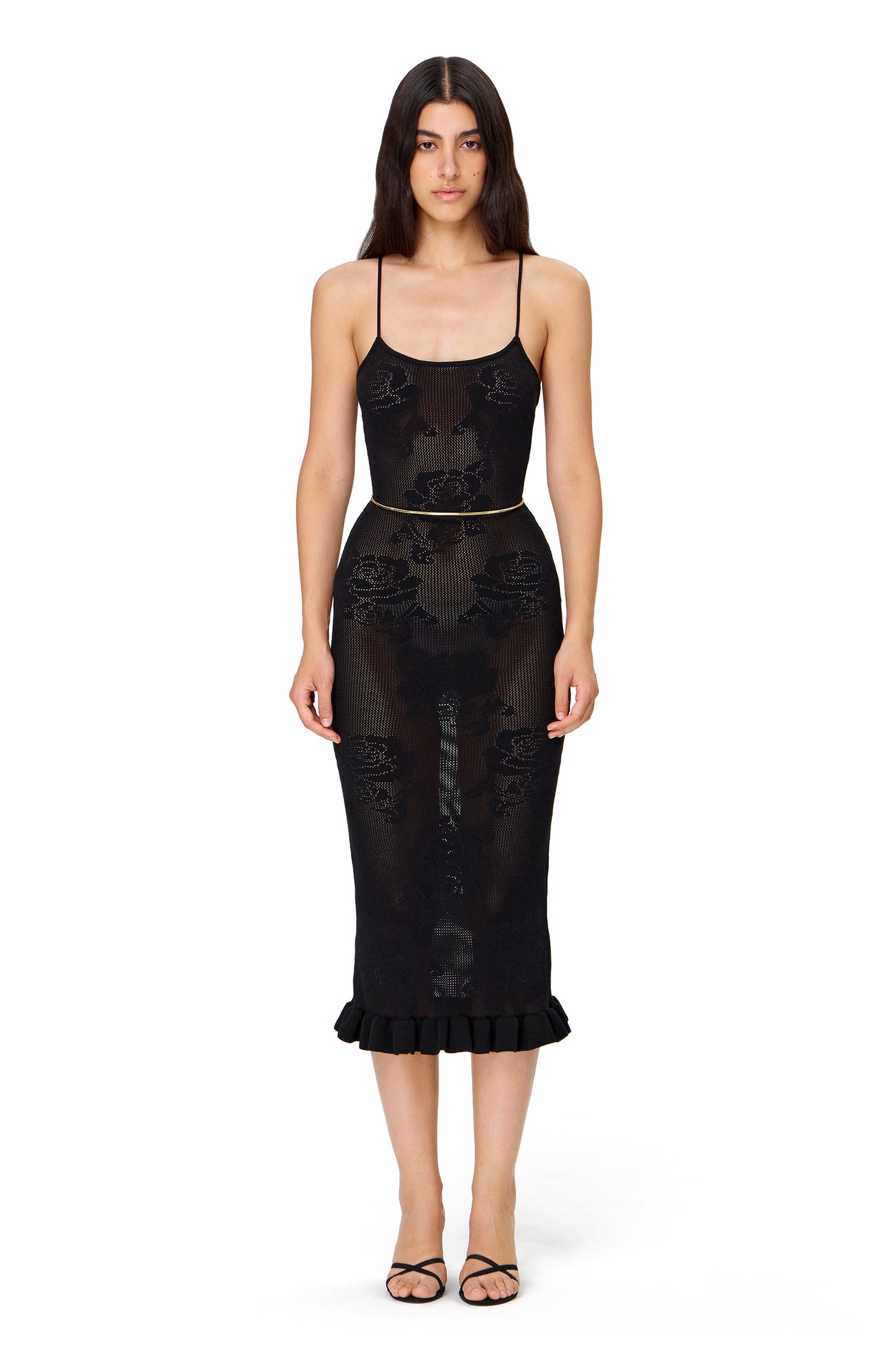 KNITTED OPENWORK MIDI COUTURE DRESS BLACK