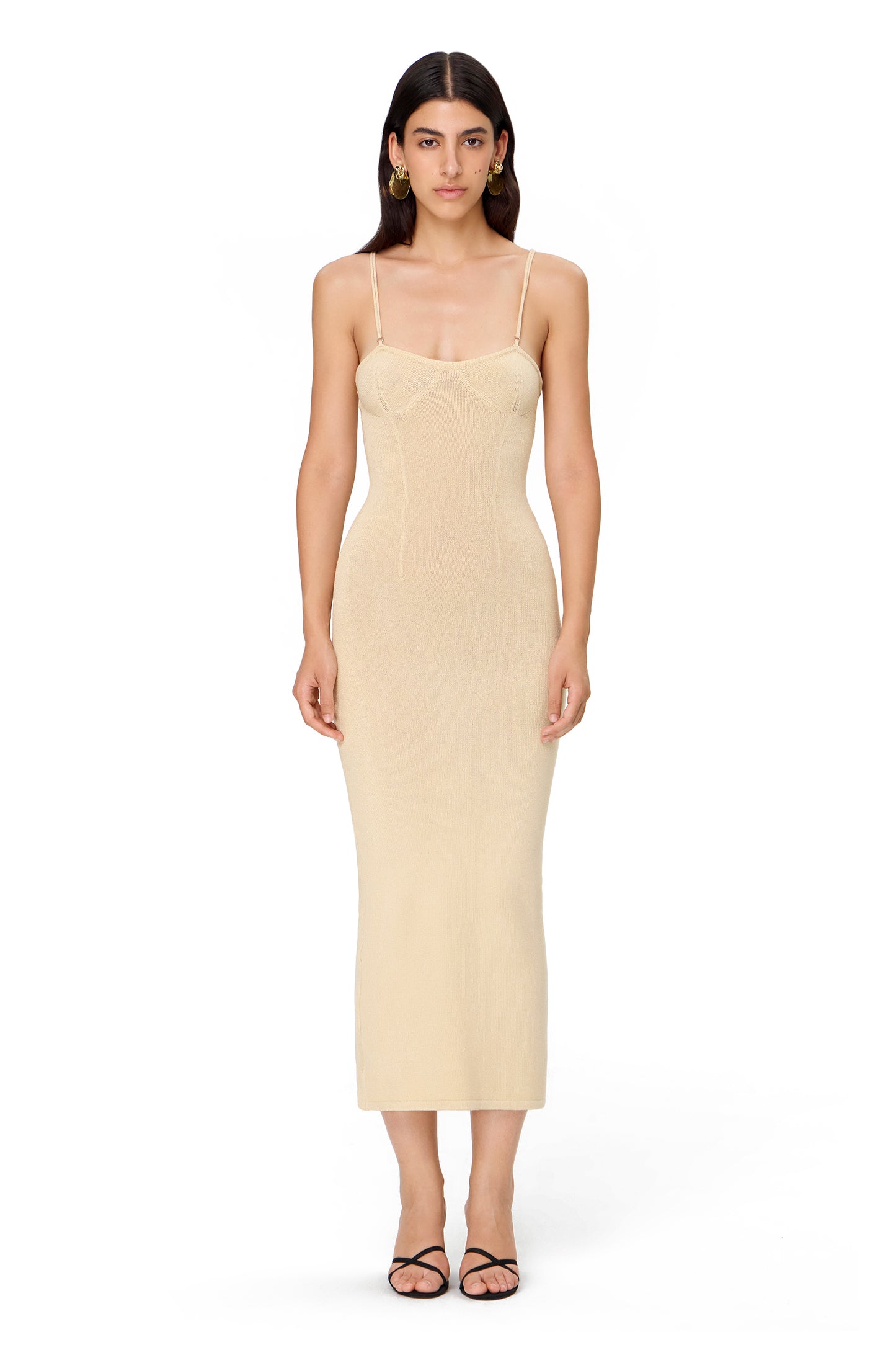 KNITTED MAXI DRESS WITH THIN LONG STRAPS AND HIGHLIGHTED BRA BEIGE
