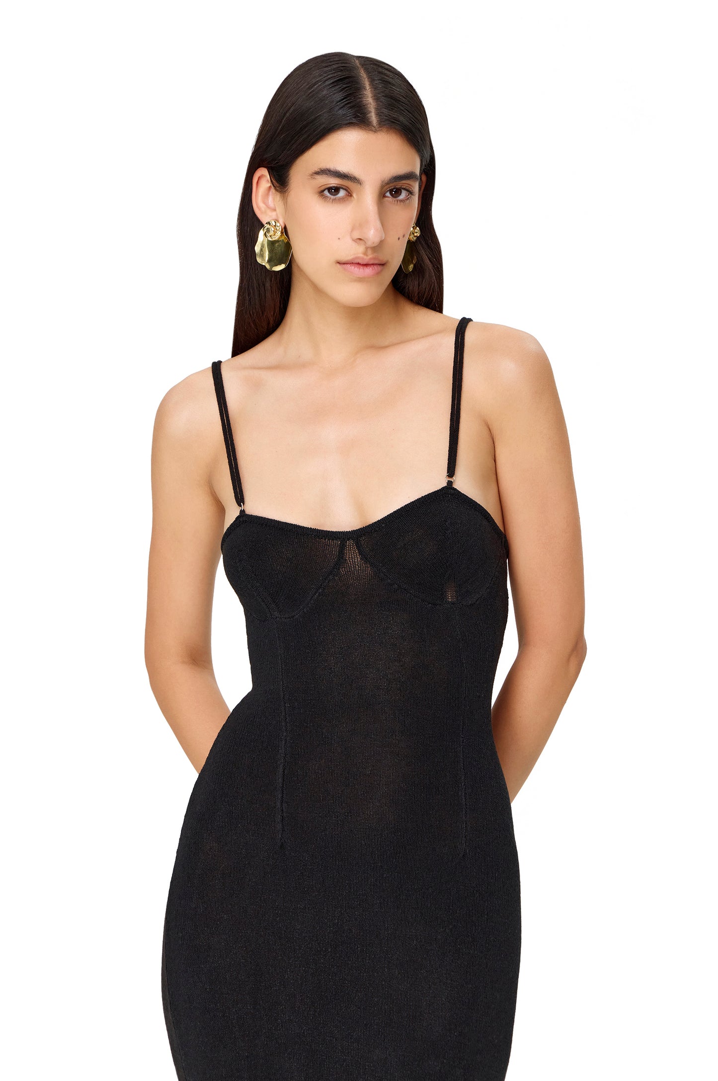 KNITTED MAXI DRESS WITH THIN LONG STRAPS AND HIGHLIGHTED BRA BLACK