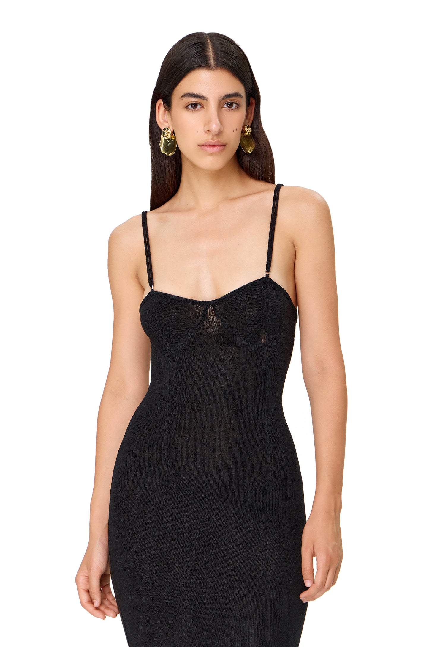 KNITTED MAXI DRESS WITH THIN LONG STRAPS AND HIGHLIGHTED BRA BLACK