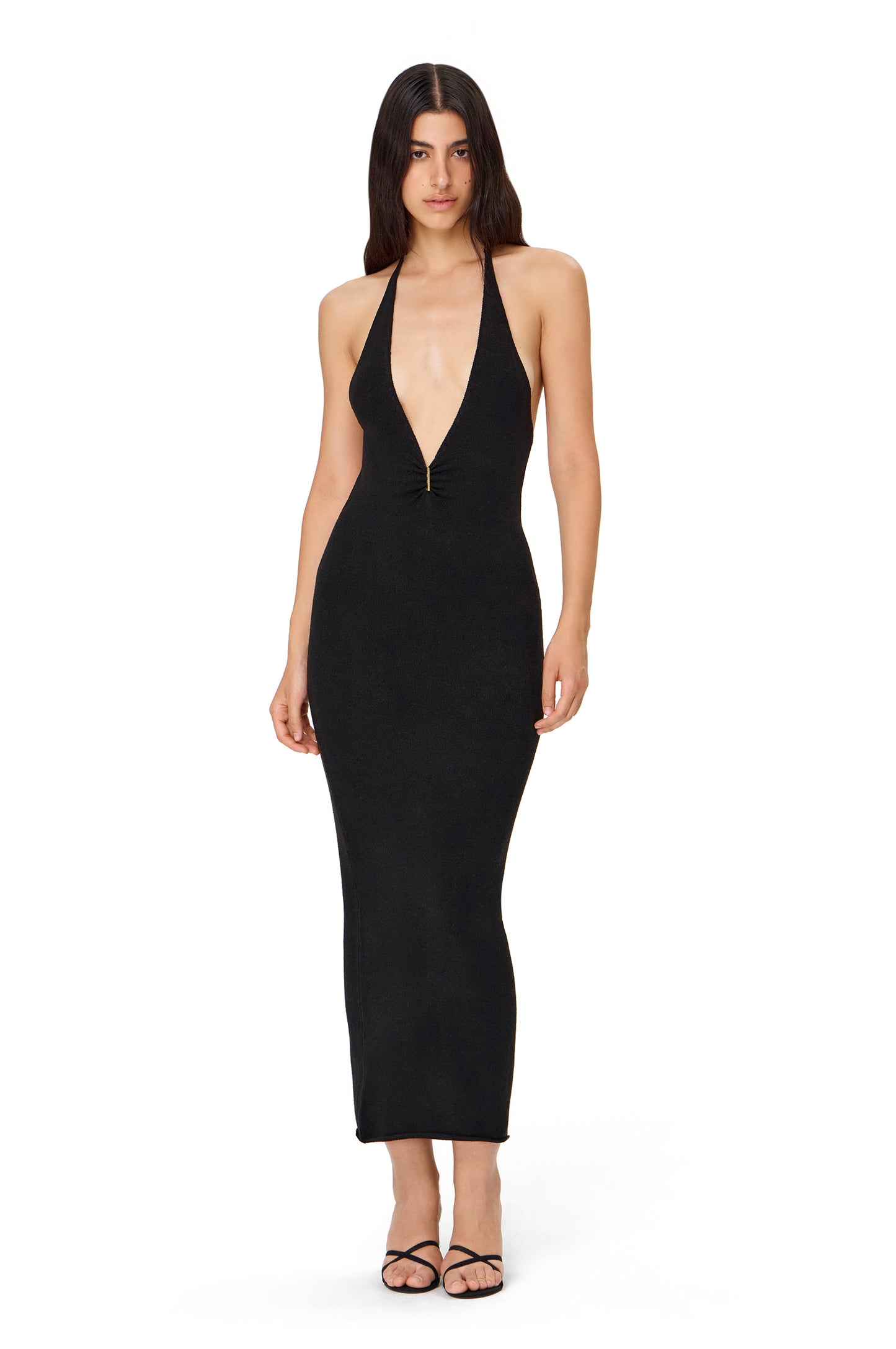 KNITTED MAXI DRESS WITH DEEP NECKLINE OPEN BACK BLACK