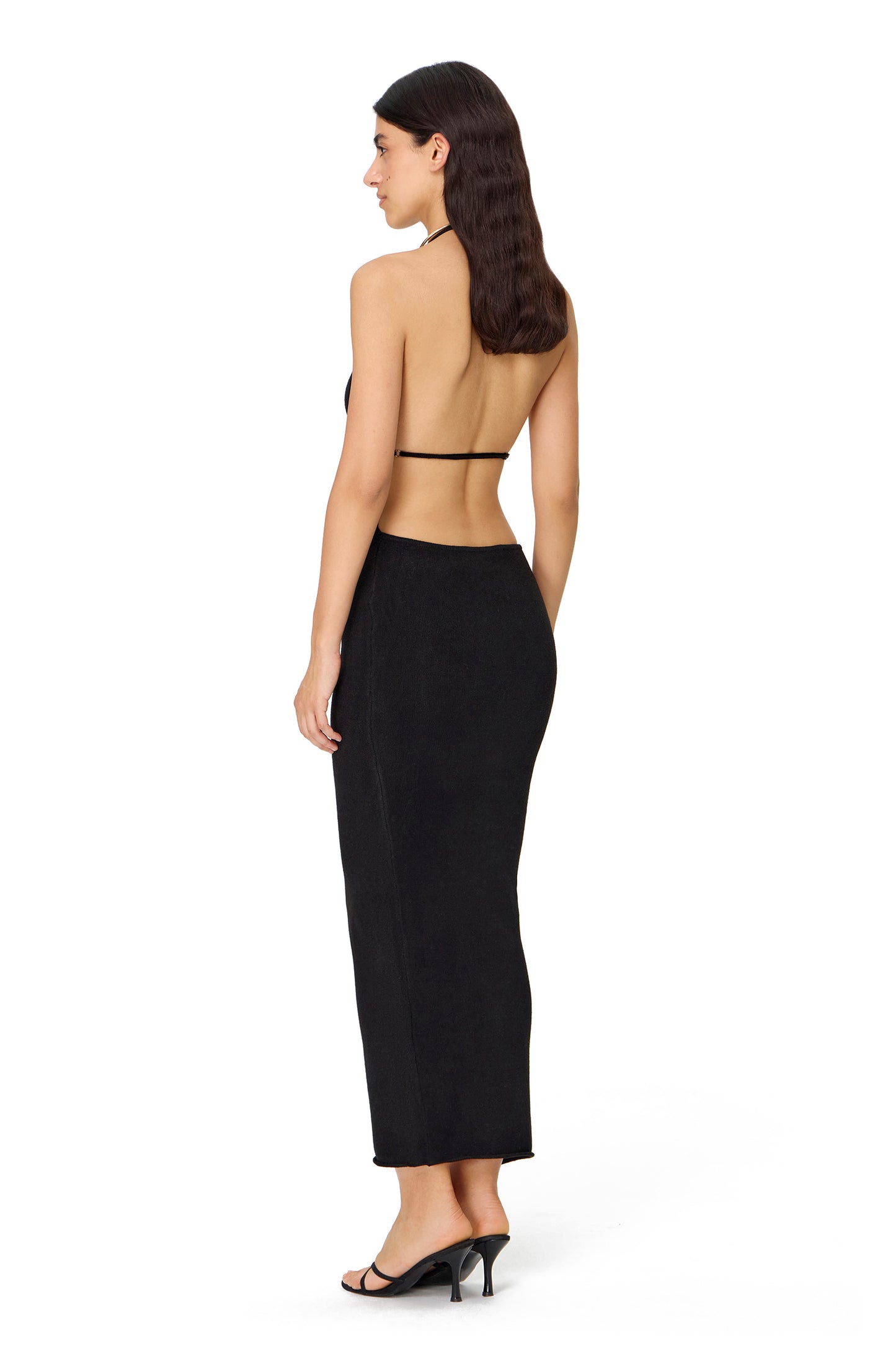 KNITTED MAXI DRESS WITH DEEP NECKLINE OPEN BACK BLACK