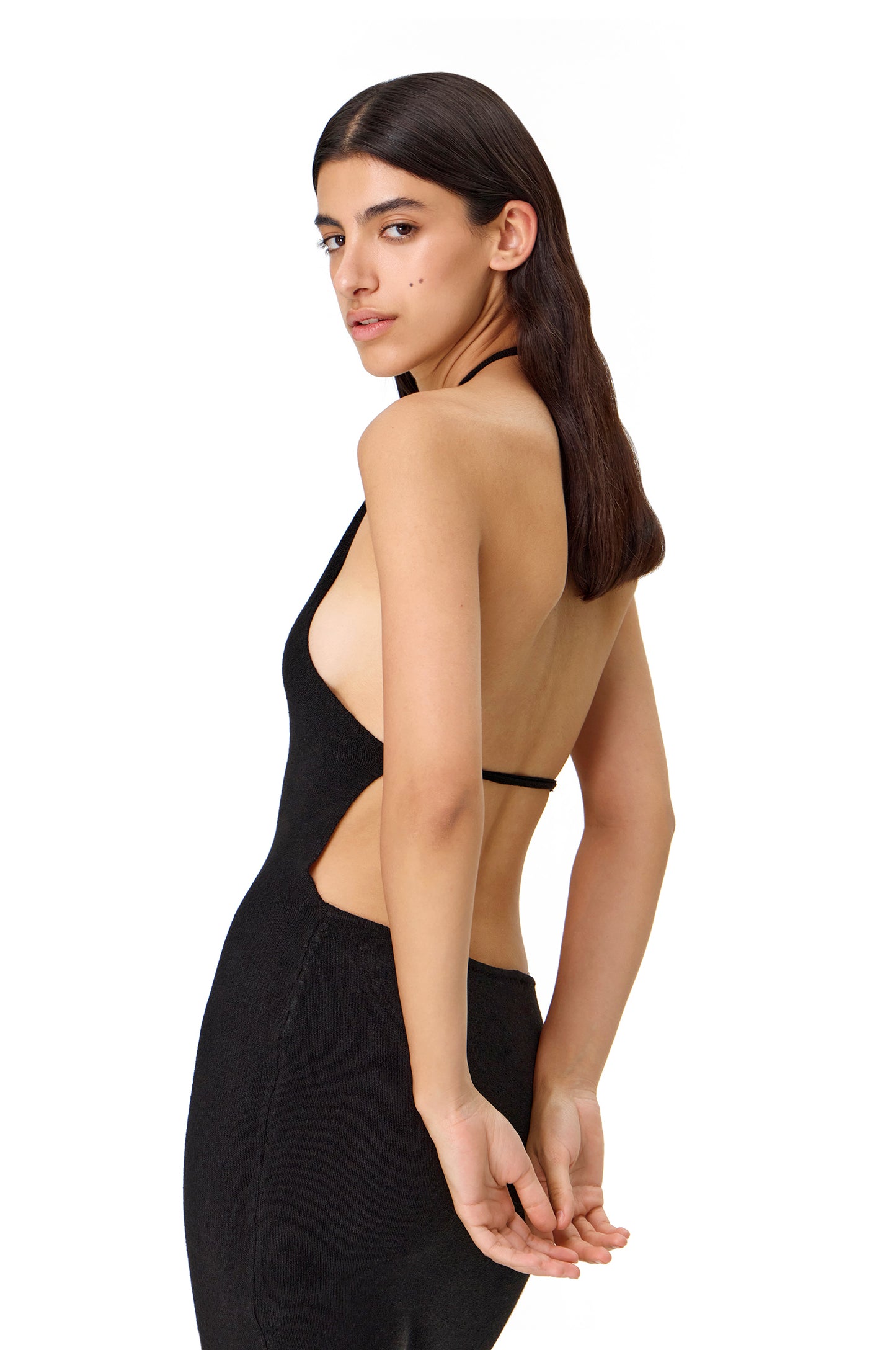 KNITTED MAXI DRESS WITH DEEP NECKLINE OPEN BACK BLACK