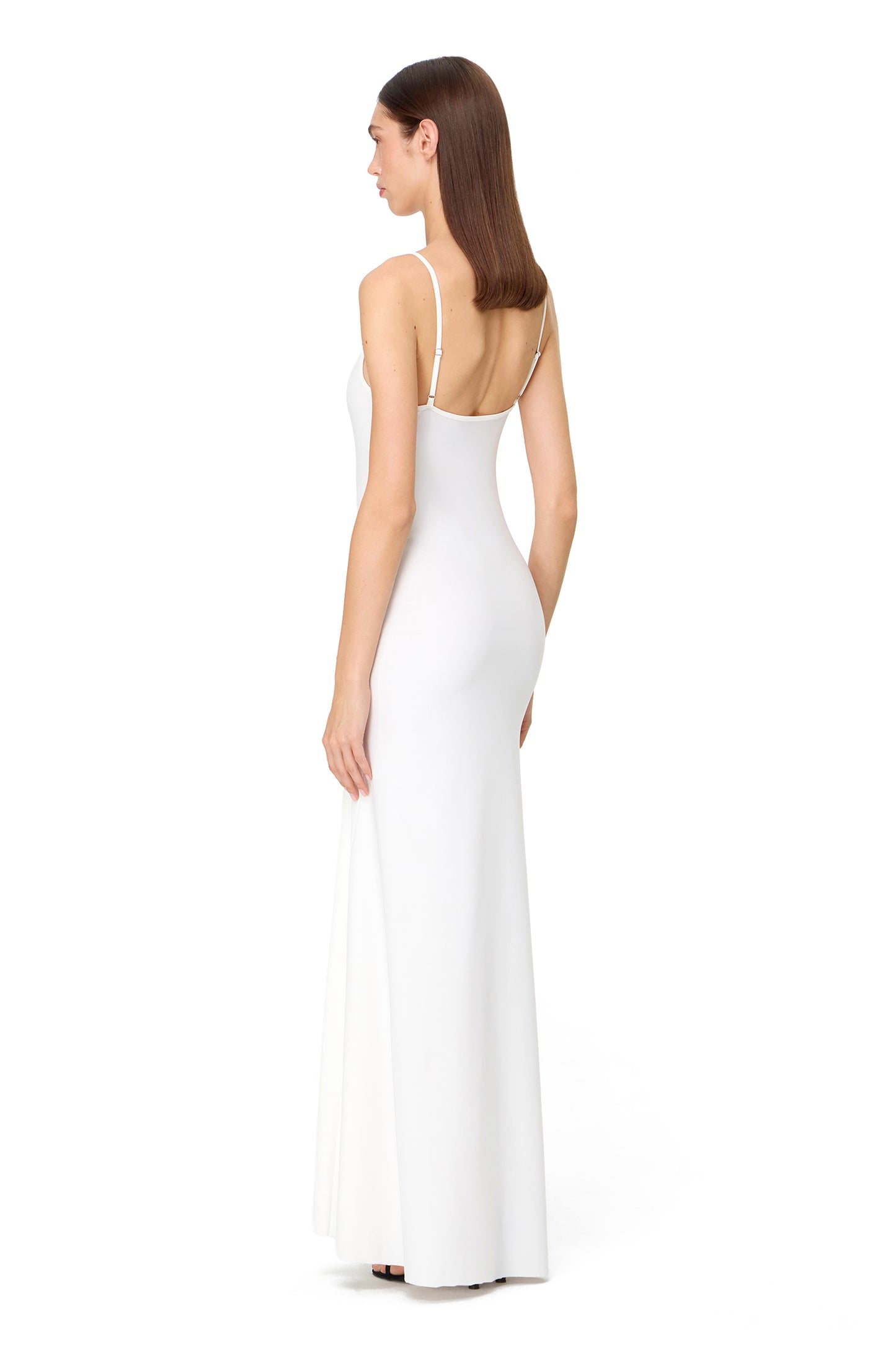 LYCRA MAXI DRESS WITH HIGH SLIT AND METAL SHELL DECOR WHITE