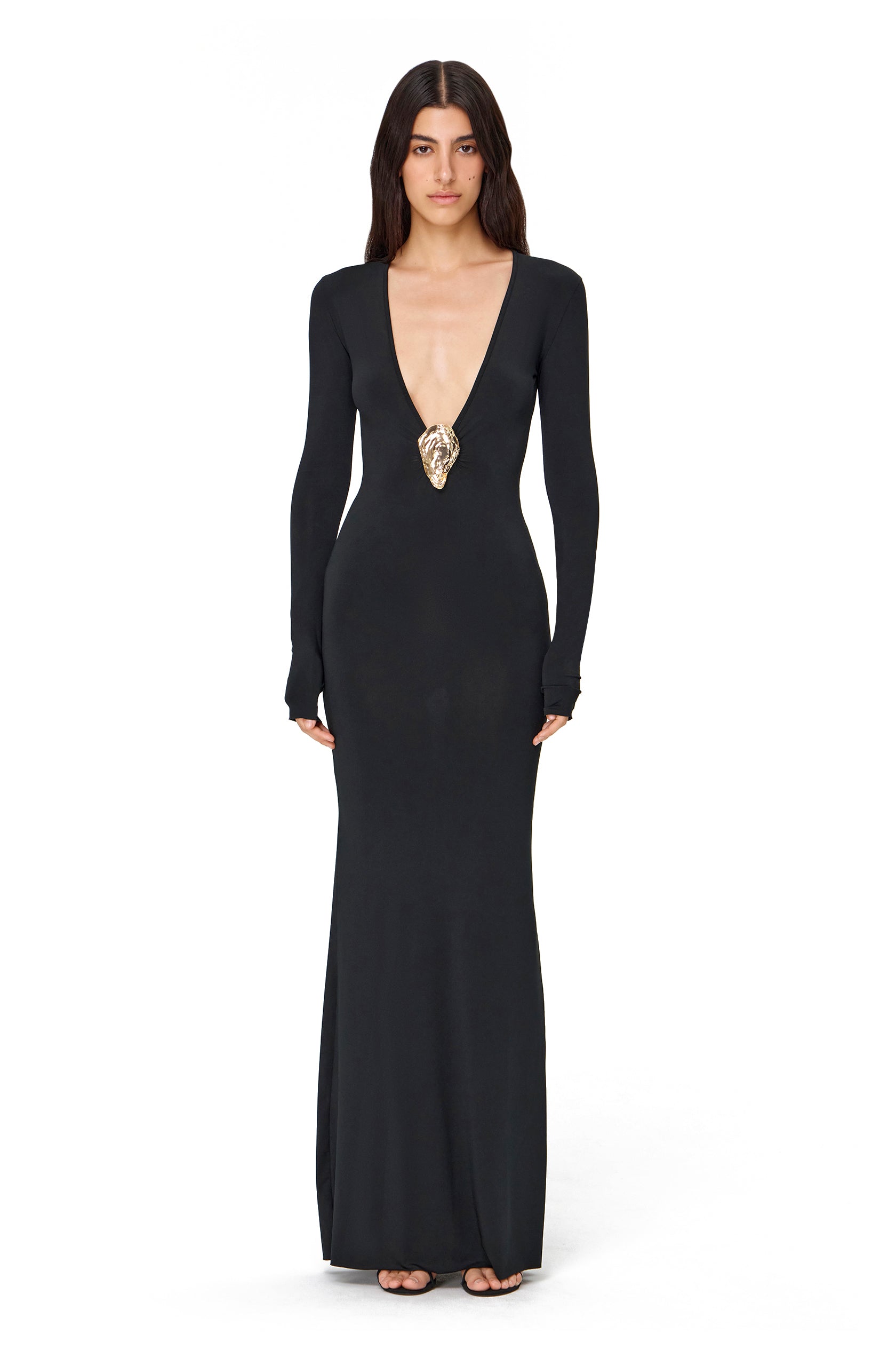 LYCRA LONG SLEEVE MAXI DRESS DEEP NECKLINE WITH METAL SHELL DECOR KOROBEYNIKOV LYCRA LONG SLEEVE MAXI DRESS DEEP NECKLINE WITH METAL SHELL DECOR KOROBEYNIKOV