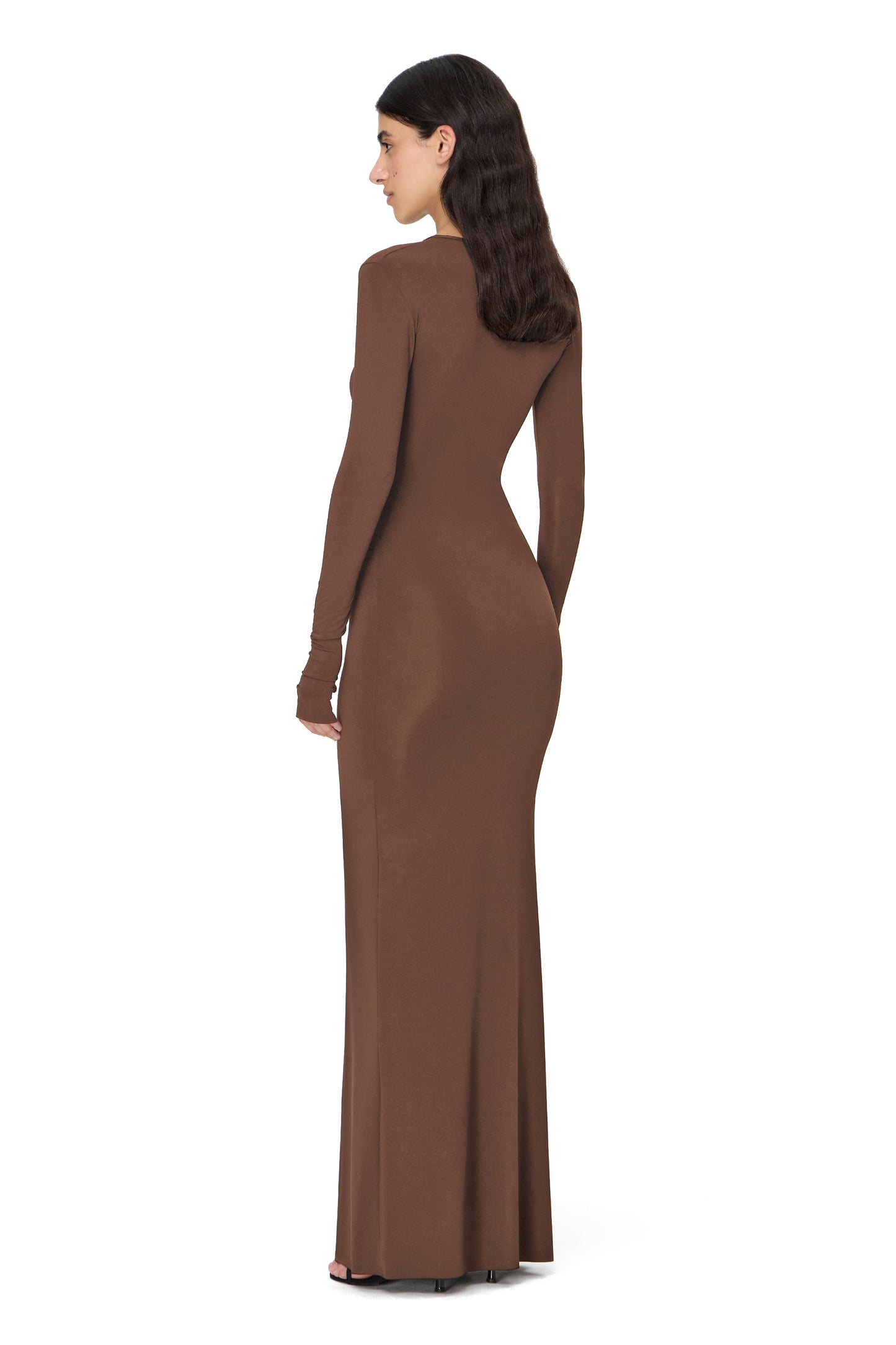 LYCRA LONG SLEEVE MAXI DRESS DEEP NECKLINE METAL SHELL DECOR CHOCOLATE