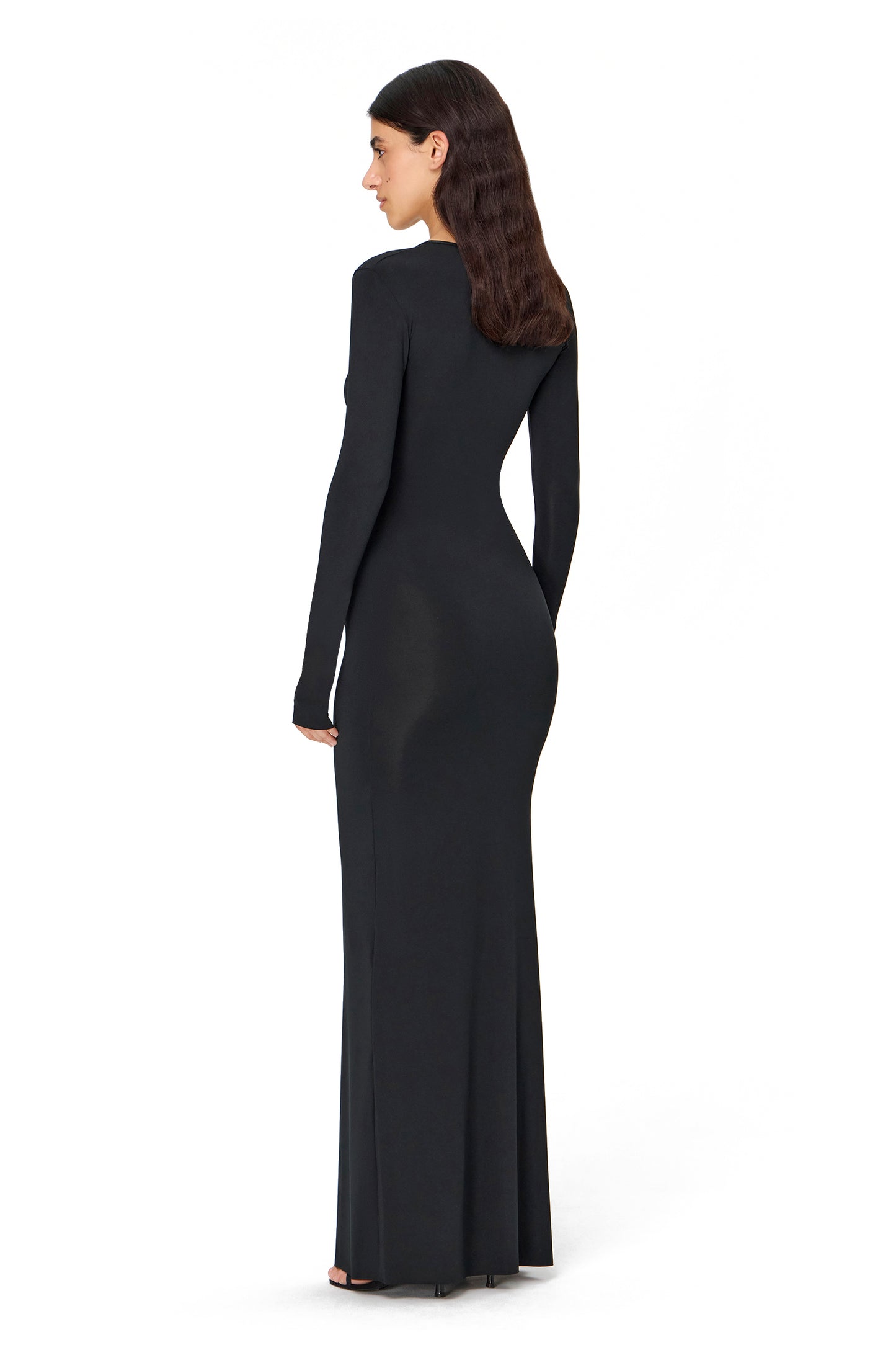 LYCRA LONG SLEEVE MAXI DRESS DEEP NECKLINE WITH METAL SHELL DECOR