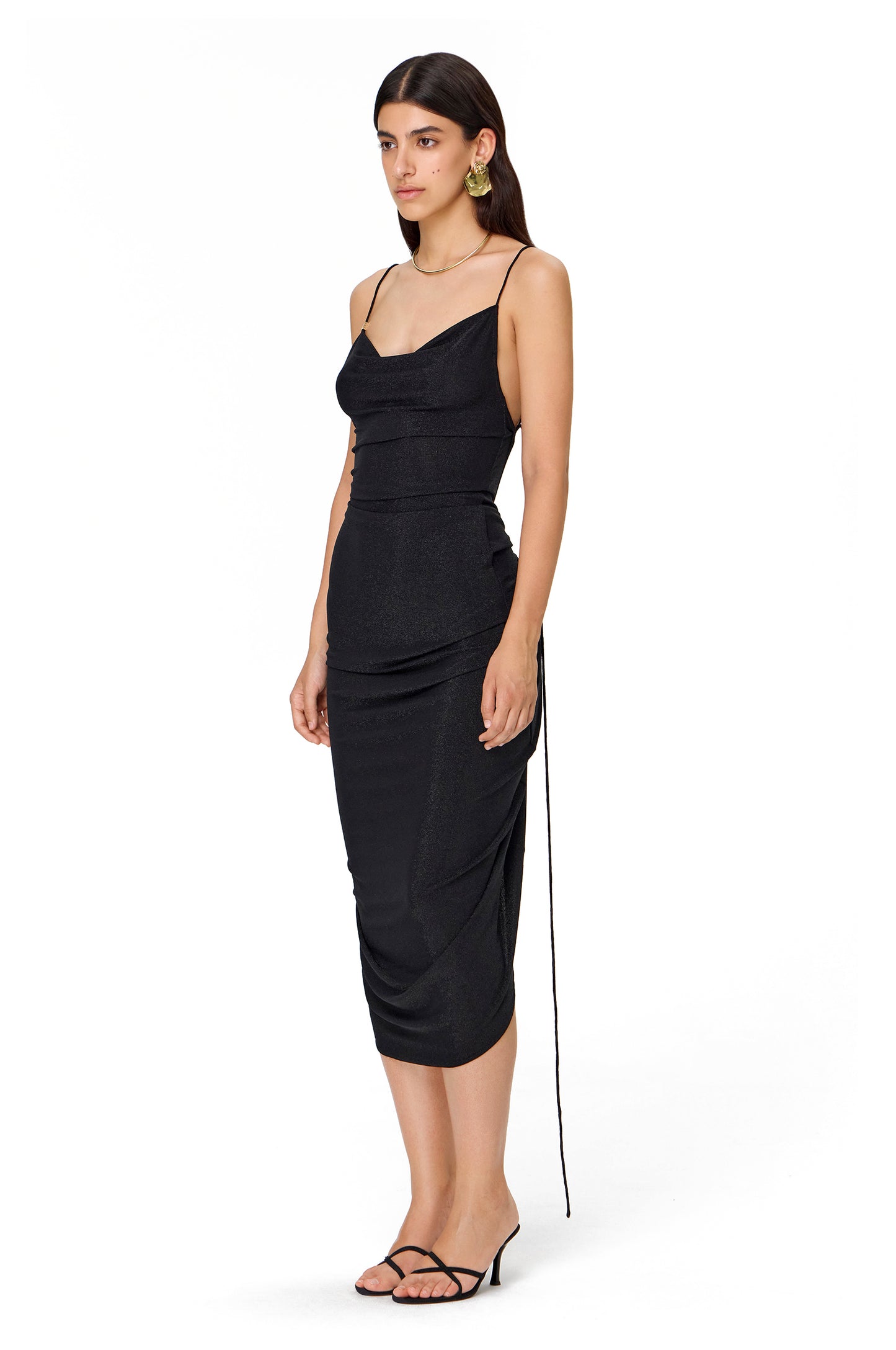 JERSEY SHIMMERING STRAPPY DRESS WITH BACK GATHERING BLACK