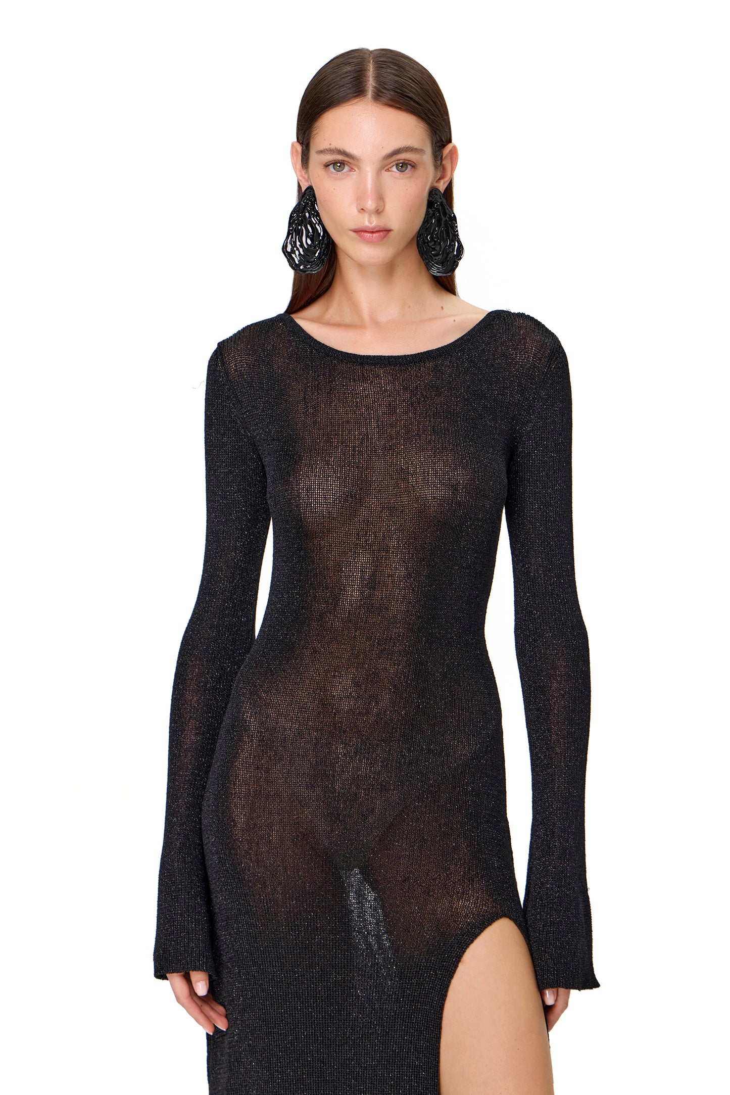 KNITTED MAXI LONG SLEEVES THIN DRESS WITH HIGH SLIT LUREX BLACK