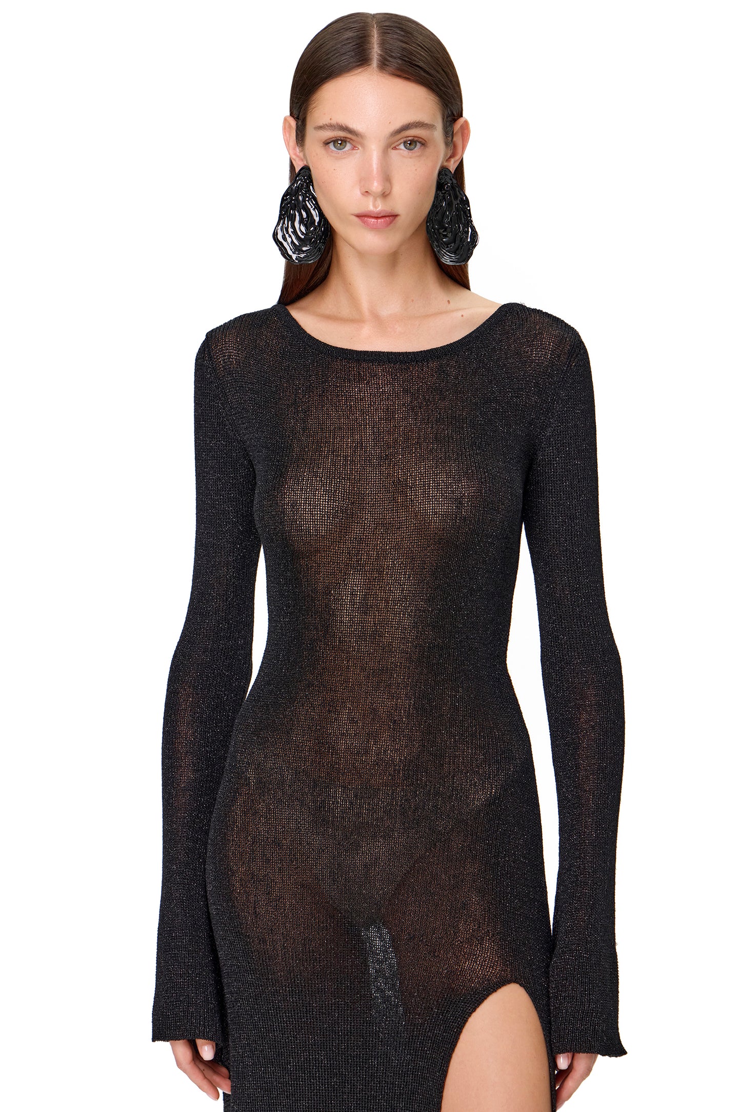 KNITTED MAXI LONG SLEEVES THIN DRESS WITH HIGH SLIT LUREX BLACK