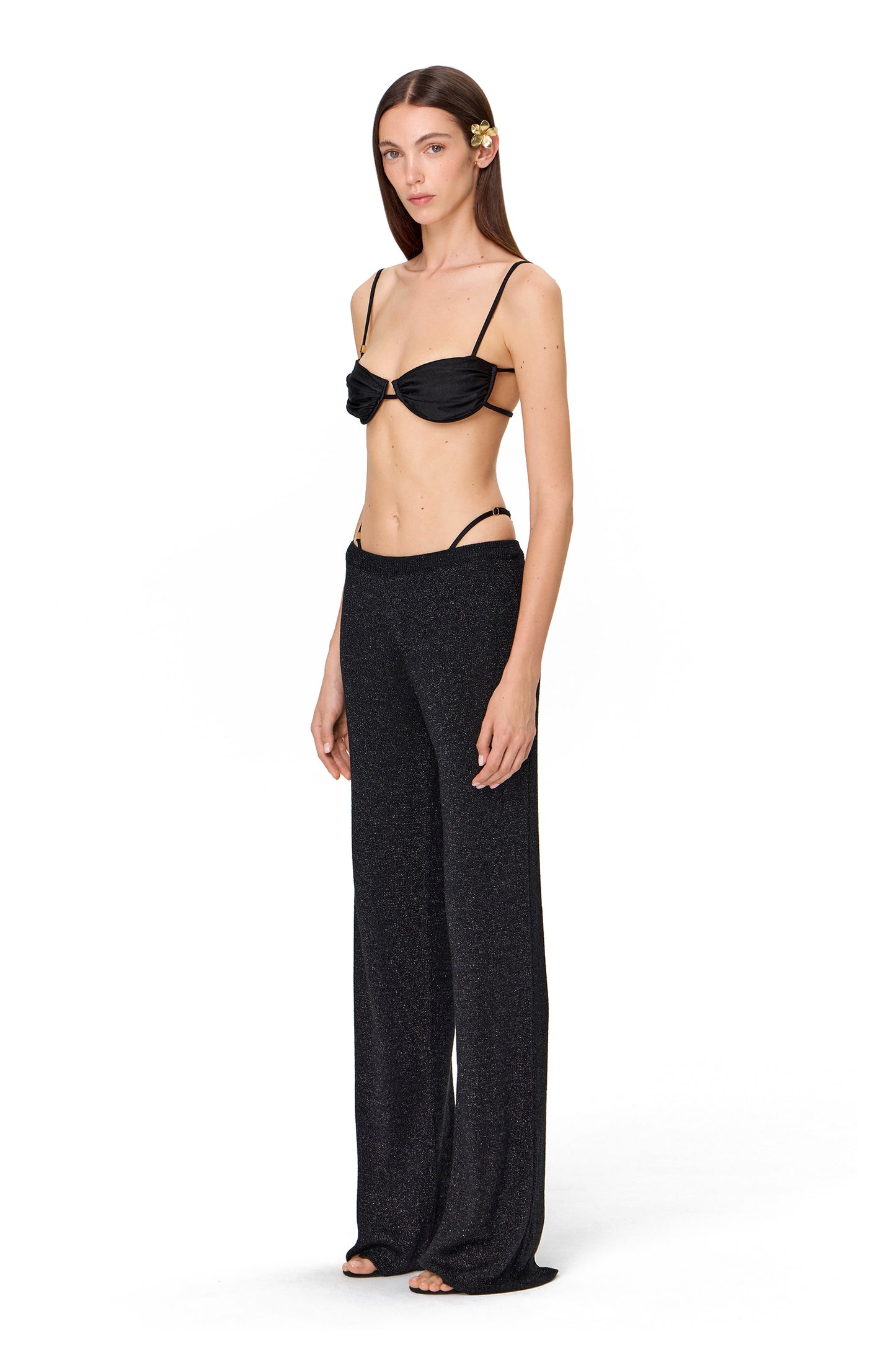 LONG STRAIGHT KNITTED LUREX PANTS ON ELASTIC BAND BLACK
