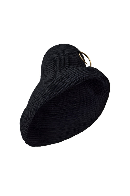 KNITTED HANDMADE BIG HAT WITH BIG METAL HOOK DECOR COLOR BLACK