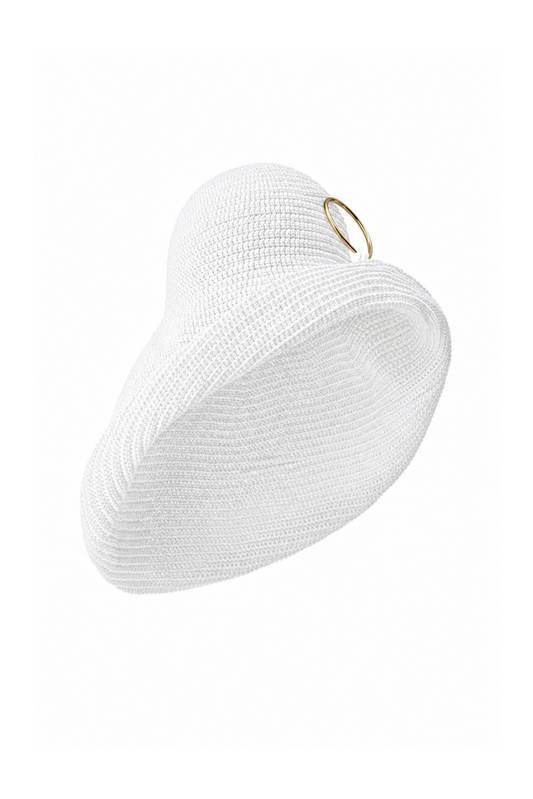 KNITTED HANDMADE BIG HAT WITH BIG METAL HOOK DECOR COLOR WHITE