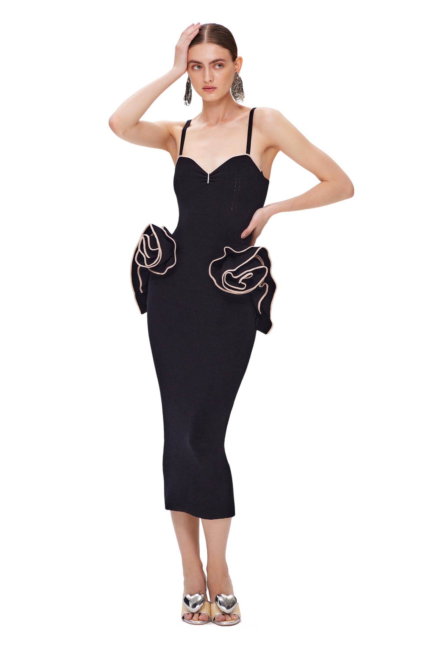 OFF-SHOULDER KNITTED MIDI COUTURE DRESS WITH FLOWER HIPS DECOR