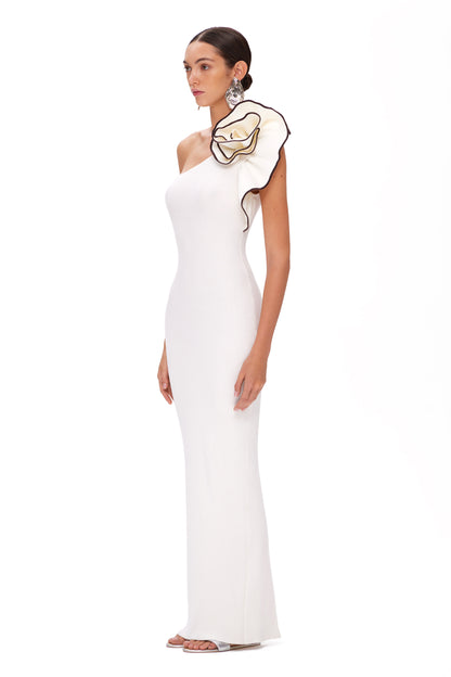 KNITTED ASYMMETRICAL COUTURE MAXI DRESS WITH FLOWER DECOR ON THE SHOULDER