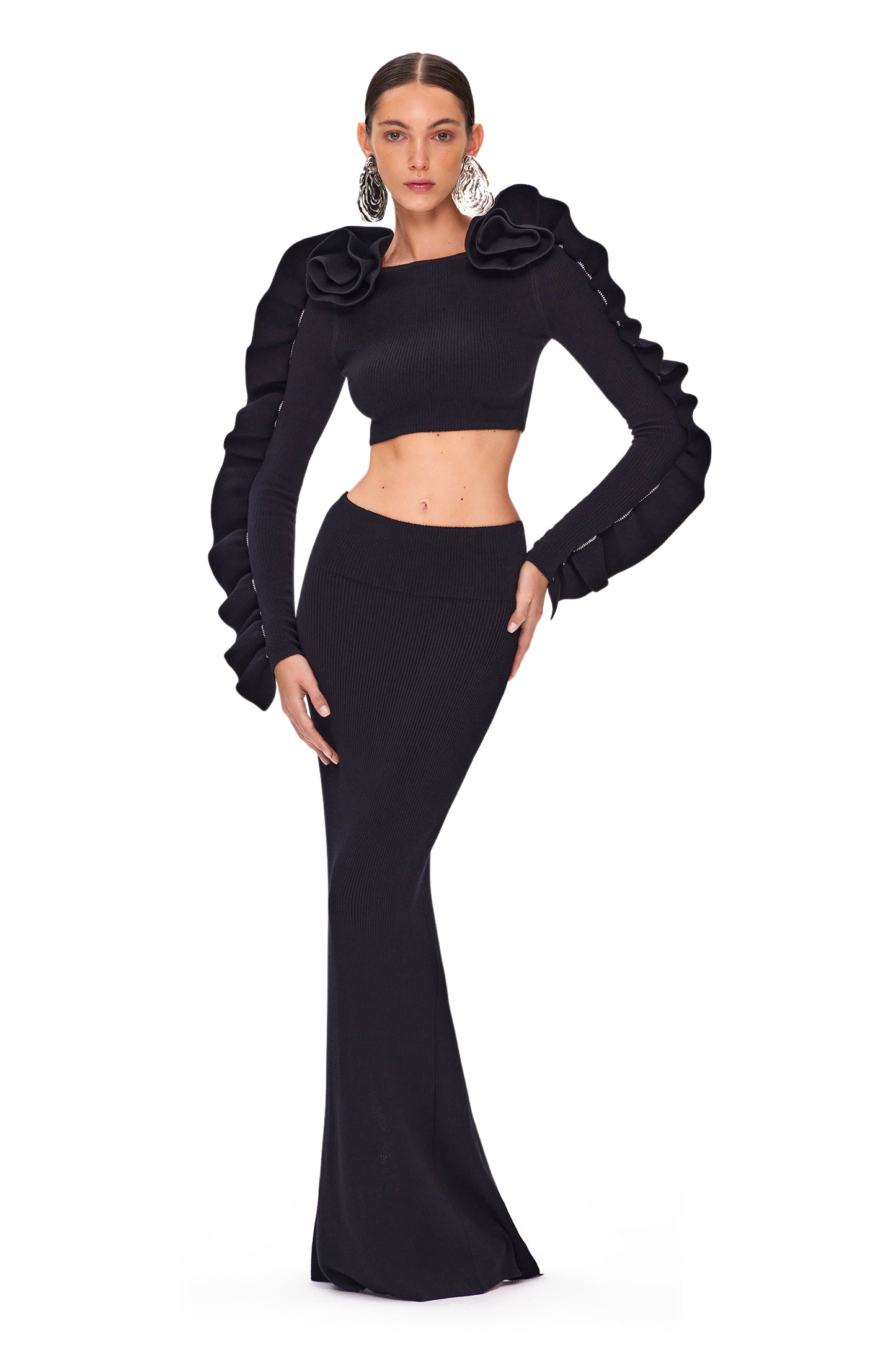 KNITTED SUIT COUTURE LONG SLEEVES RUCHES TOP AND LONG SKIRT WITH BACK SPLIT