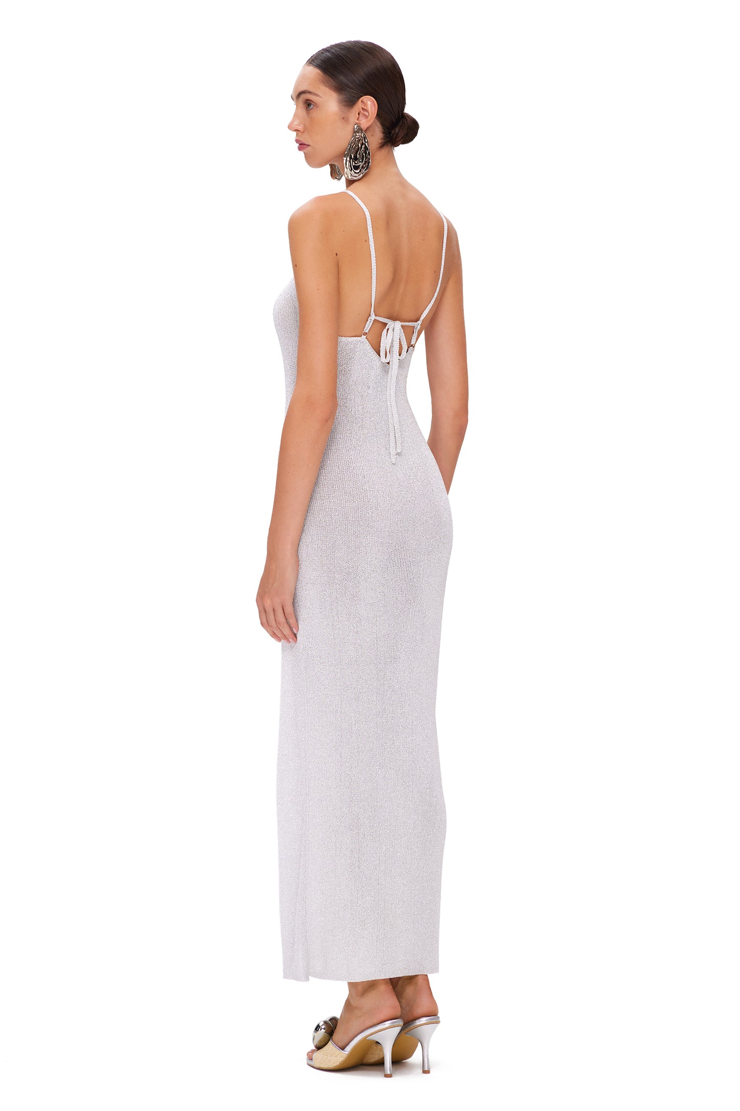 KNITTED MIDI DRESS WITH STRAPS WITH METAL LOGO AND OPEN BACK LUREX