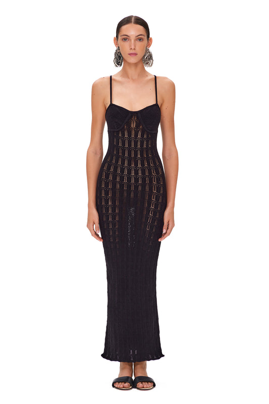 KNITTED LONG OPENWORK DRESS WITH THIN STRAPS AND HIGHLIGHTED BRA