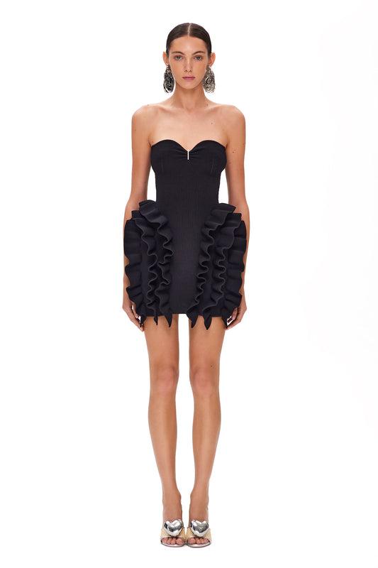 KNITTED COUTURE MINI DRESS WITH OPEN SHOULDERS AND RUFFLES ON HIPS "BLACK PEONY"