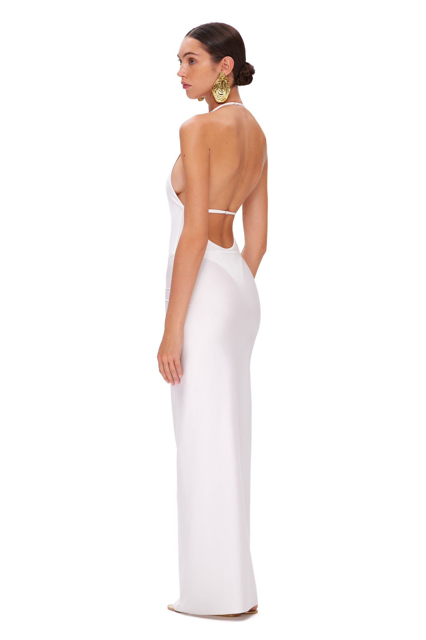 LYCRA LONG SKIRT WITH HIGH SLIT AND METAL SHELL DECOR WHITE