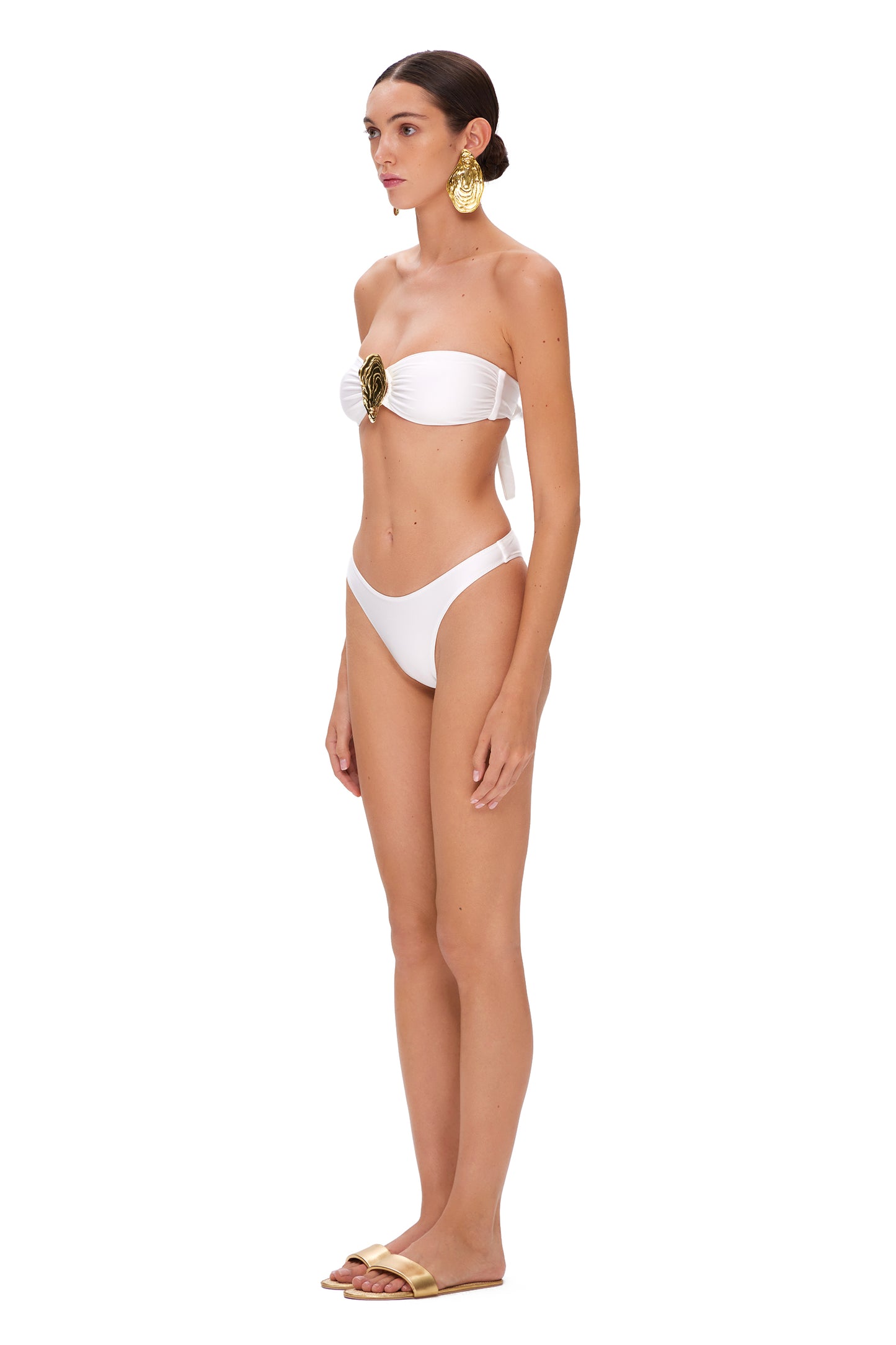 LYCRA BIKINI SET BANDEAU TOP AND BOTTOM METAL SHELL DECOR WHITE