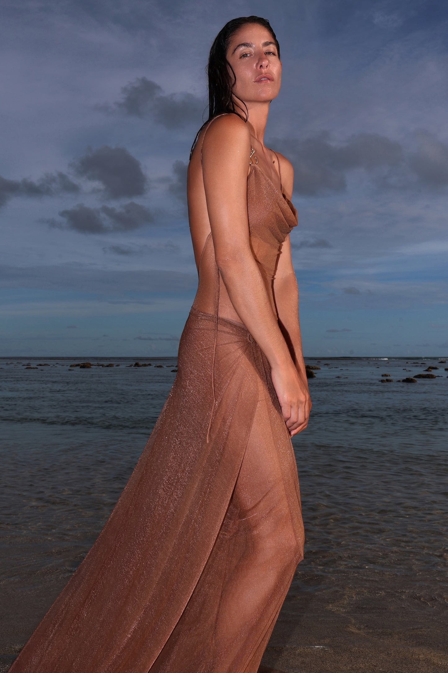MESH MAXI DRESS AND SKIRT WITH METAL FISHING HOOK DECOR CHOCOLATE