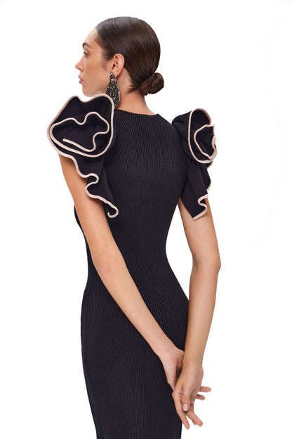 KNITTED DRESS COUTURE WITH FLOWER DECOR ON THE SHOULDERS "BLACK ANGEL"