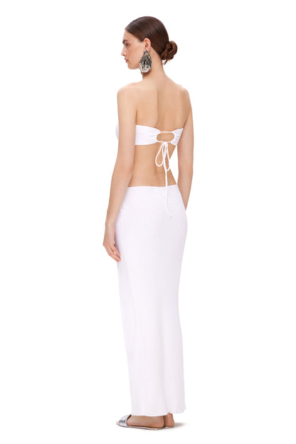 KNITTED SUIT TUBE TOP WITH METAL LOGO AND HIGH SLIT SKIRT