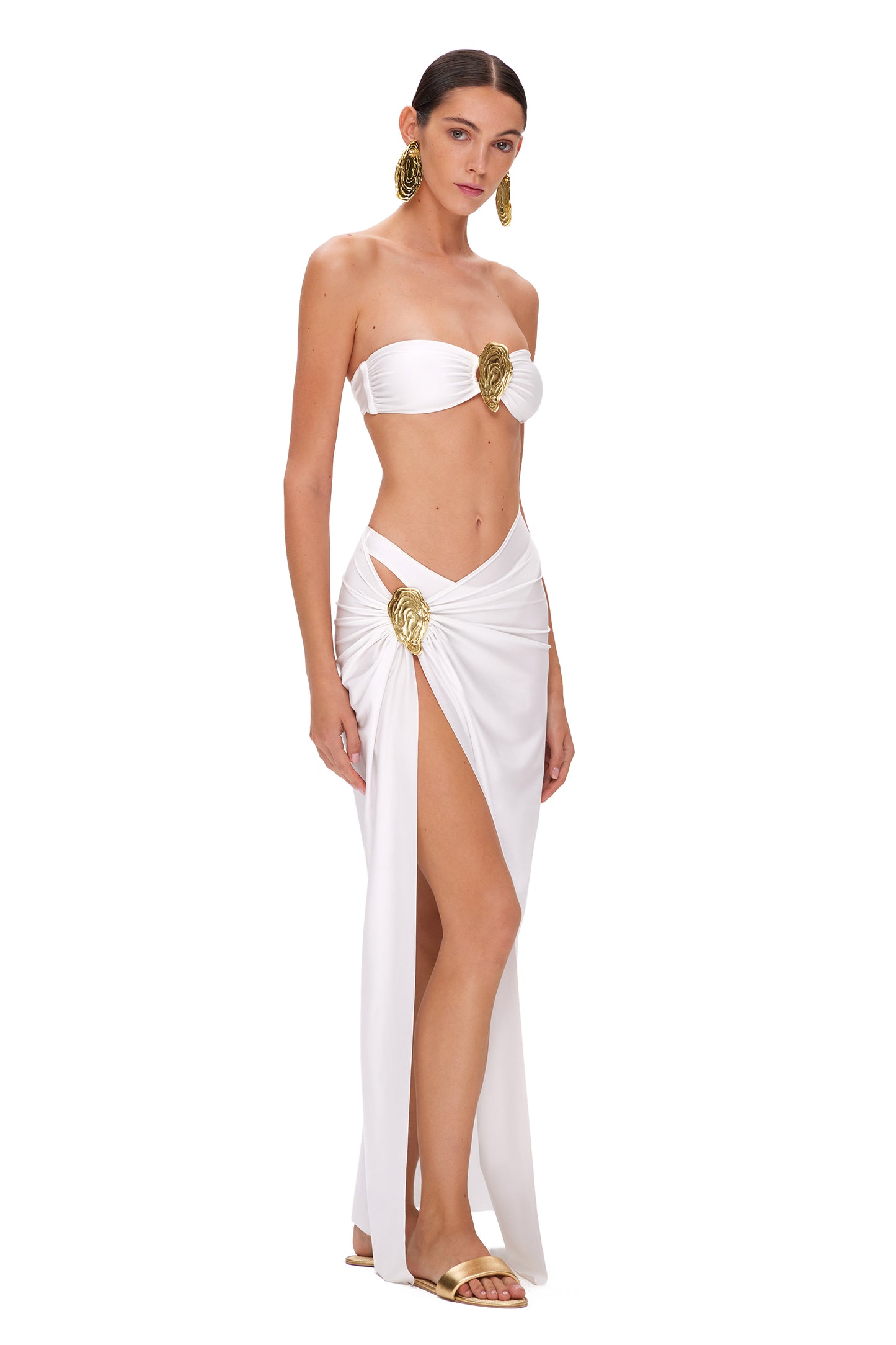 LYCRA LONG SKIRT WITH HIGH SLIT AND METAL SHELL DECOR WHITE