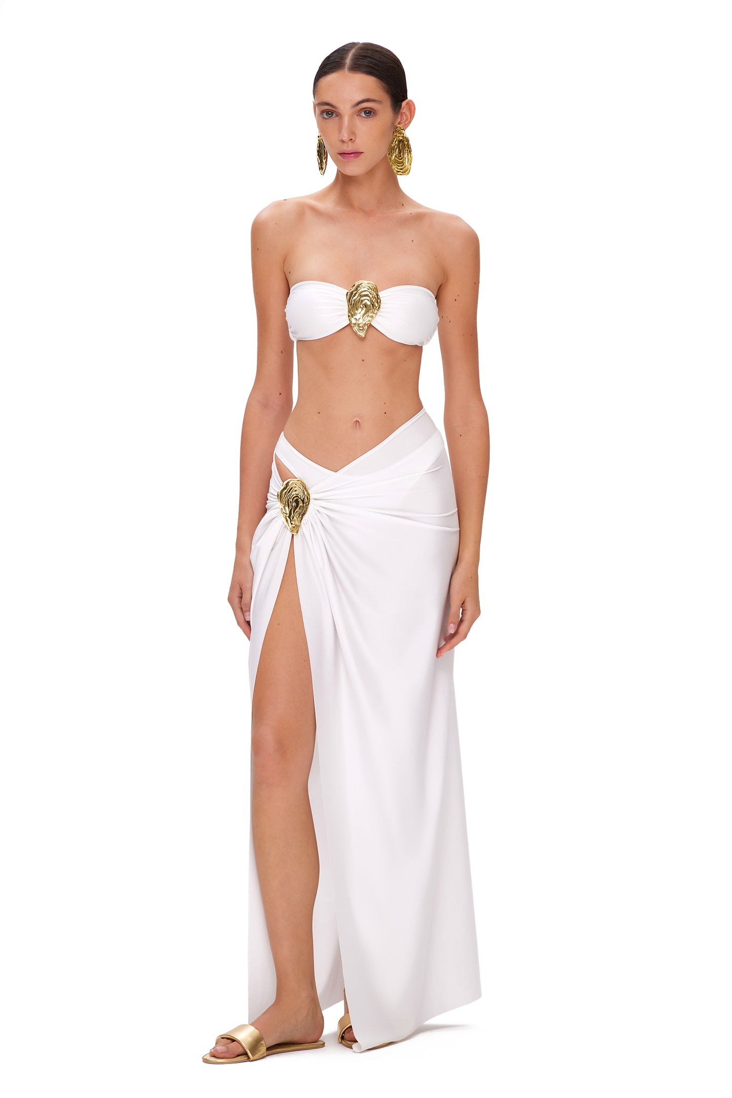 LYCRA LONG SKIRT WITH HIGH SLIT AND METAL SHELL DECOR WHITE