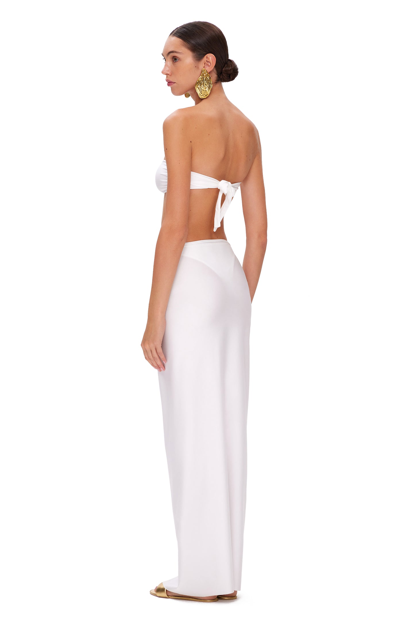 LYCRA LONG SKIRT WITH HIGH SLIT AND METAL SHELL DECOR WHITE