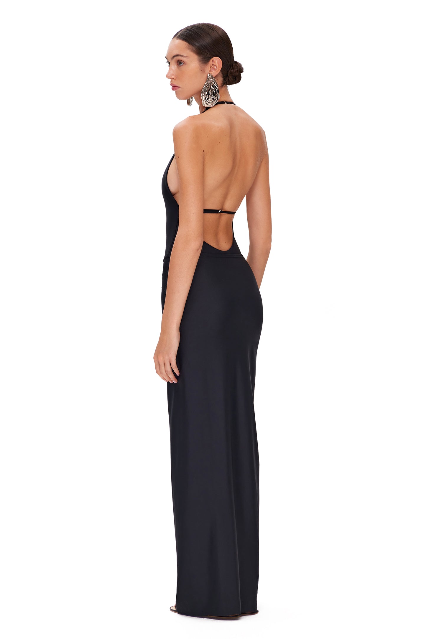 LYCRA LONG SKIRT WITH HIGH SLIT AND METAL SHELL DECOR