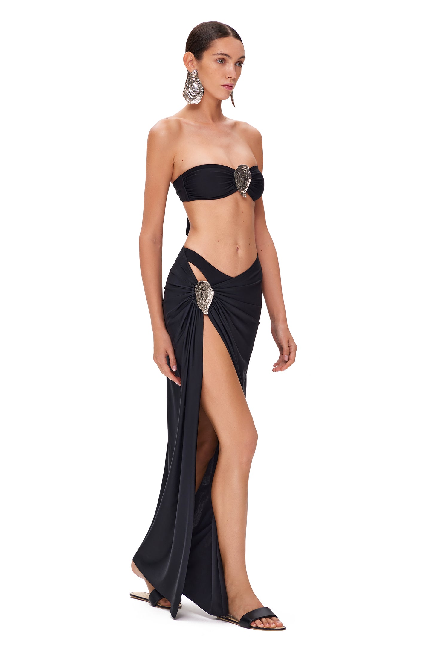 LYCRA LONG SKIRT WITH HIGH SLIT AND METAL SHELL DECOR