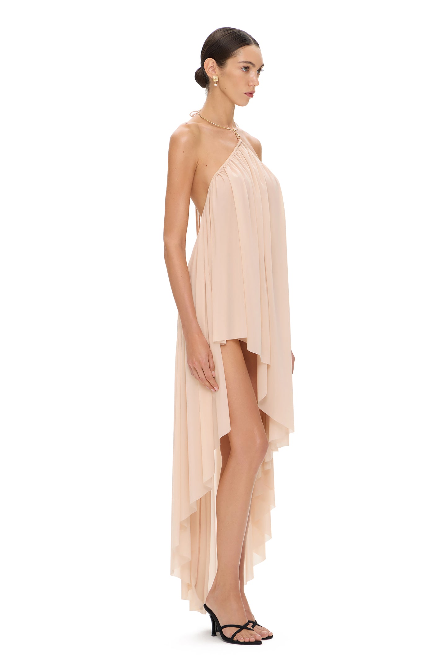 JERSEY ASYMMETRICAL DRESS WITH CHOKER HOOK BEIGE