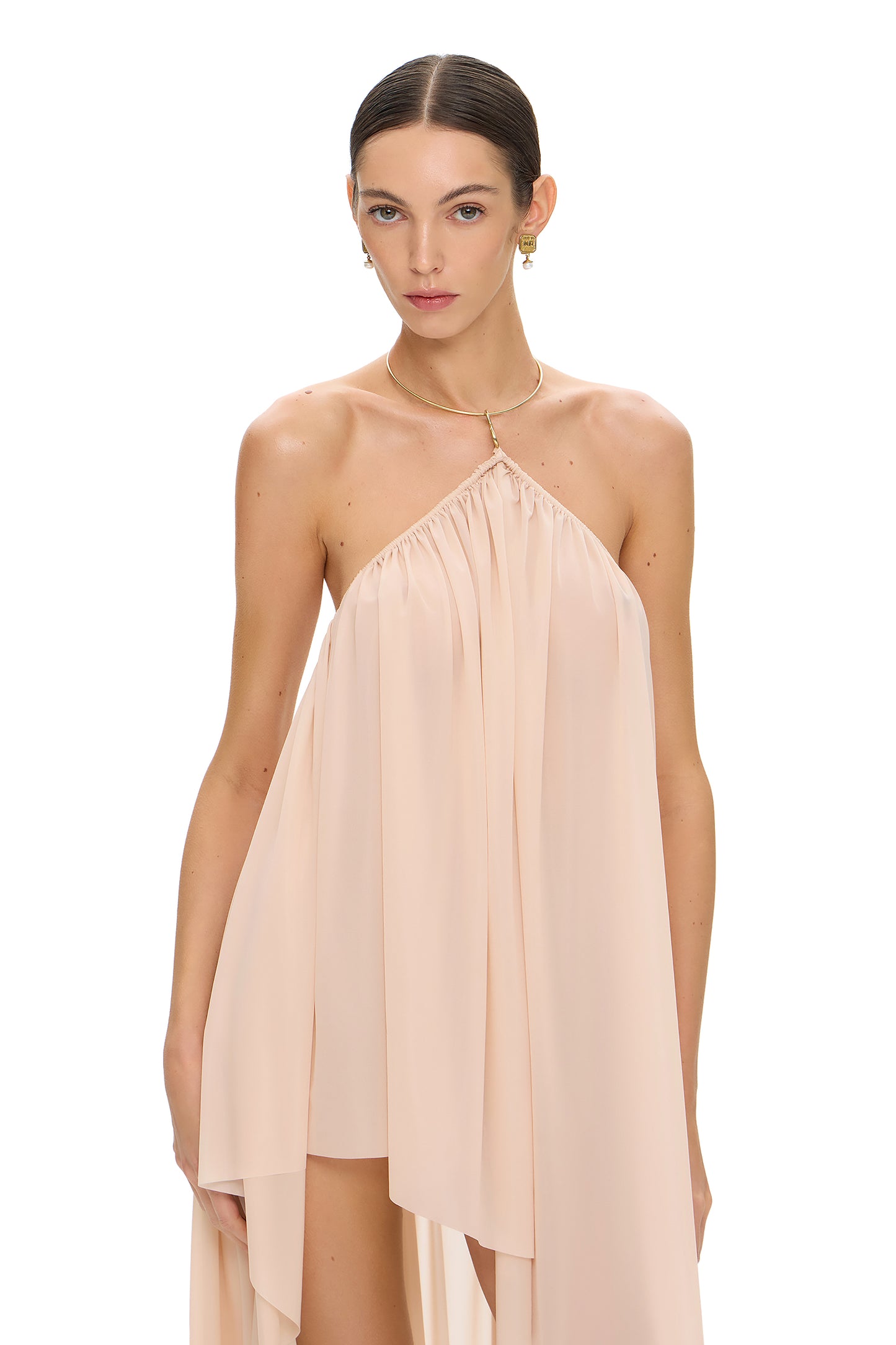 JERSEY ASYMMETRICAL DRESS WITH CHOKER HOOK BEIGE